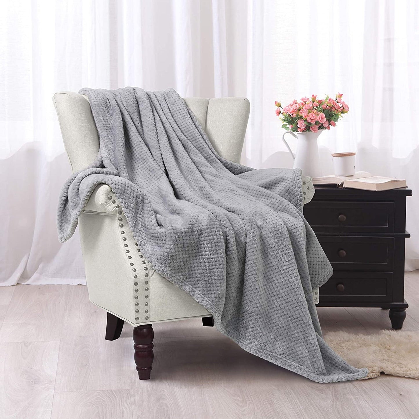 Reversible Sherpa Waffle Textured Extra Large Fleece Blanket, Super Soft and Warm Throw Blanket for Couch, Sofa and Bed (Light Grey, 50... - Luxury Knitted Decorative Throw Blanket with Fringes Detail