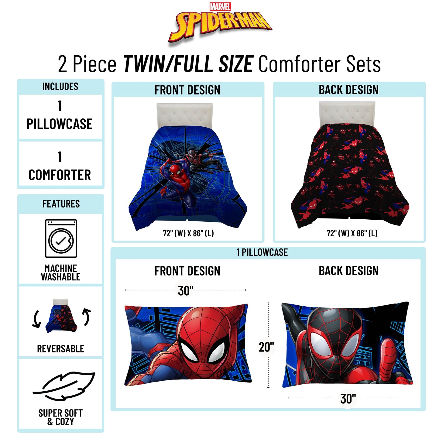 Luxurious Quilted Spiderman Techno City Kids 2 Piece Blue Reversible Comforter and Pillowcase Set, Twin/Full - Hypoallergenic Ultra-Fluffy Quilt for Winter Detail