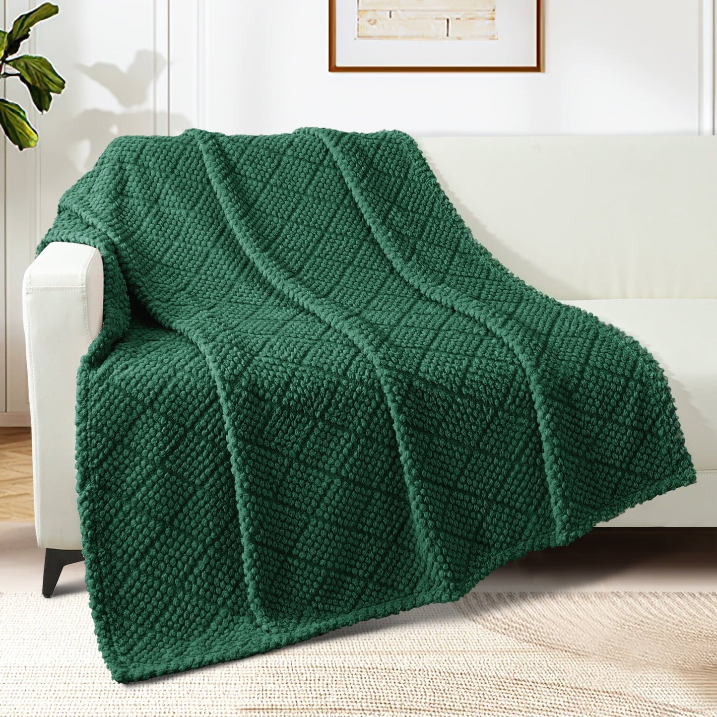 Lightweight Warm Fuzzy Fleece Throw Blanket for Couch, Bed, Soft Fluffy Jacquard Waffle Blankets for All Season, Lightweight and Warm,... - Luxury Knitted Decorative Throw Blanket with Fringes Detail
