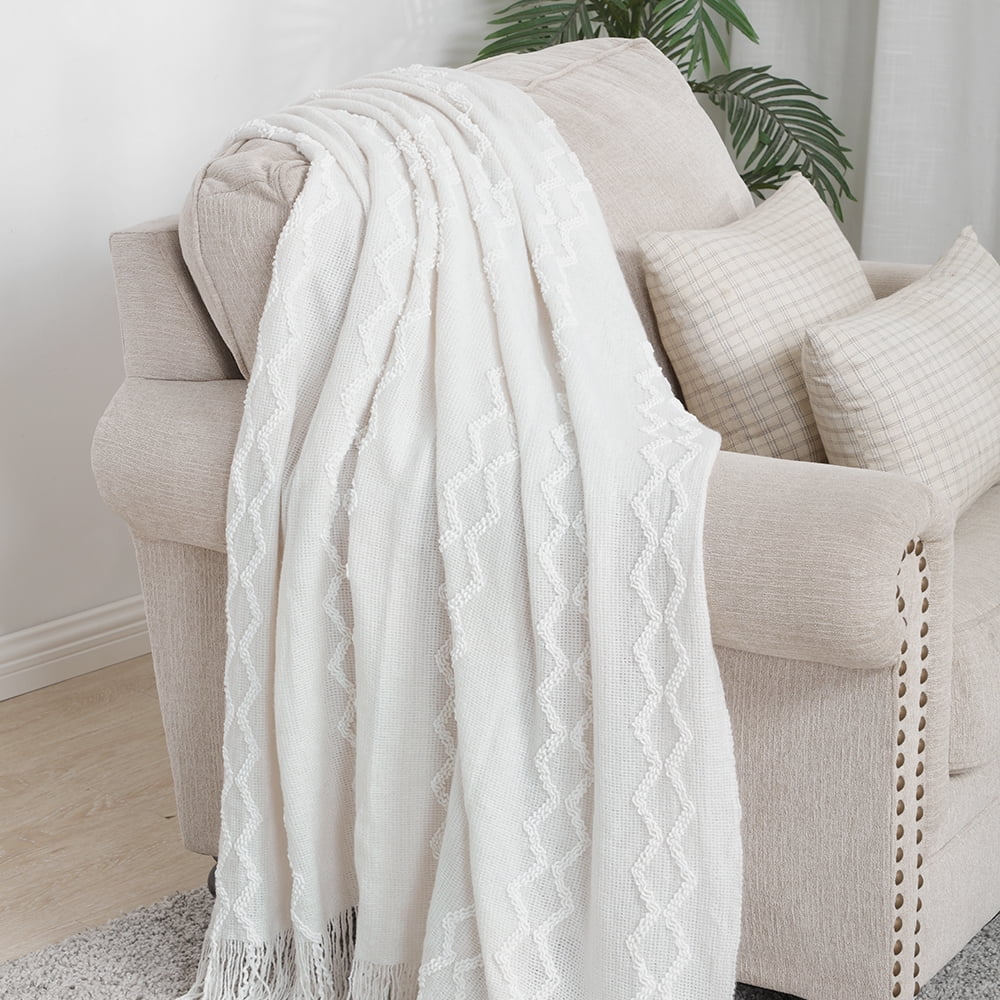 Decorative Knitted Fluffy Chenille Knitted Fringe Throw Blanket, Lightweight Soft Cozy Bed Sofa Chair Blanket, White, 50" x 60" - Lightweight Plush Warm Blanket for All Seasons Detail