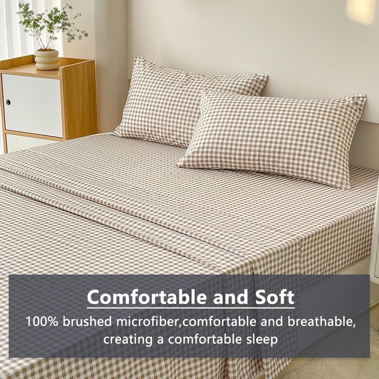Premium Egyptian Cotton Sheet Set, Soft Brushed Microfiber Taupe Plaid Sheets, 4-Piece Brown Grid Set with Deep Pocket - Breathable Egyptian Cotton Flat & Fitted Sheets Detail