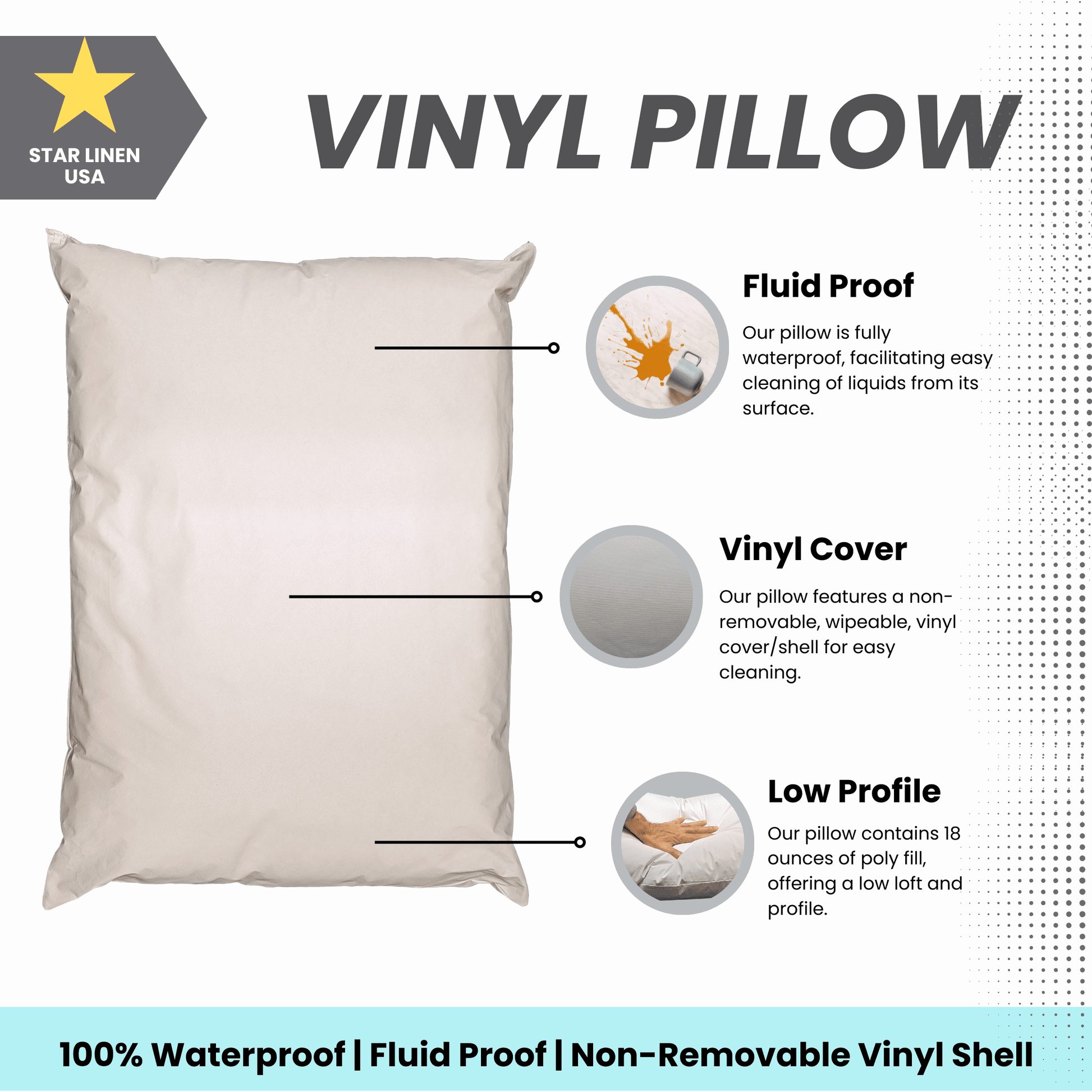 Hotel Collection 2 Pack MediCheck White Vinyl Covered Bed Pillows 20 in x 26 in - Wipeable Easy Clean - Soft Low Profile Non-Fluffy Su... - Orthopedic Shredded Foam Bed Pillow Set Detail