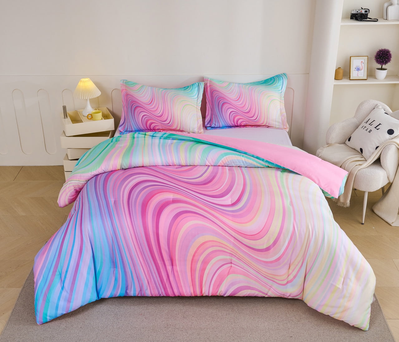 Fluffy Down Alternative 3-Piece Abstract Tie Dye Comforter Set, Blue Pink Purple, Kids Bedding Set for Girls Full/Queen Size - Cloud-Like Soft Lightweight Bed Comforter Detail