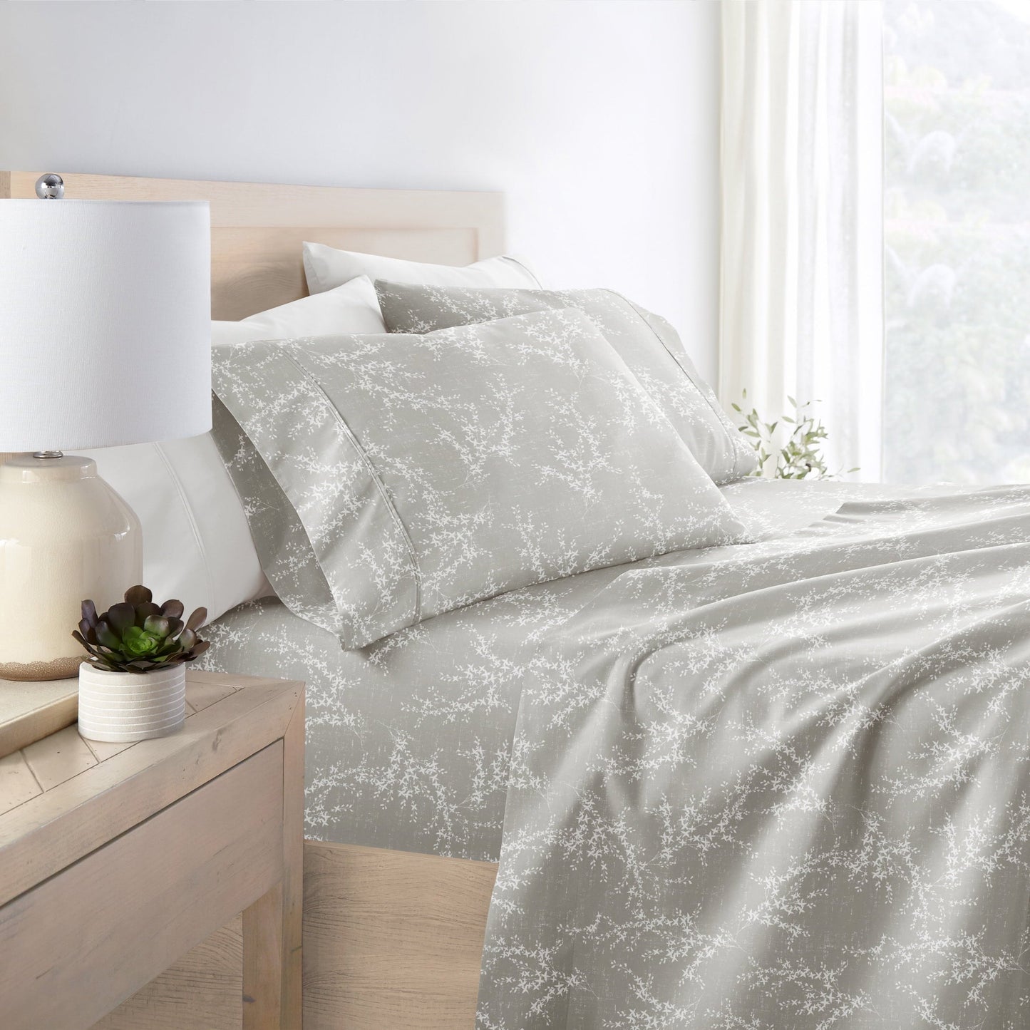 Premium Egyptian Cotton 3 Piece Pattern Microfiber Bed Sheets Set, Distressed Willow Light Gray, Twin - Breathable Egyptian Cotton Flat & Fitted Sheets Detail