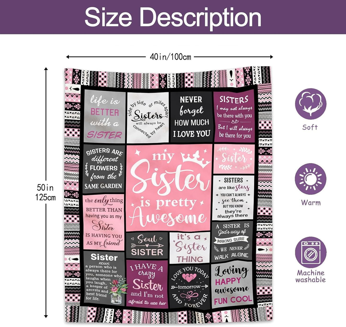 Reversible Sherpa Sister Gifts , Sisters Birthday Gift Idea, Best Sister Ever Gift for Women, Birthday Gifts for Sisters, Sis Soft Thro... - Super Soft Reversible Sherpa Flannel Blanket Detail