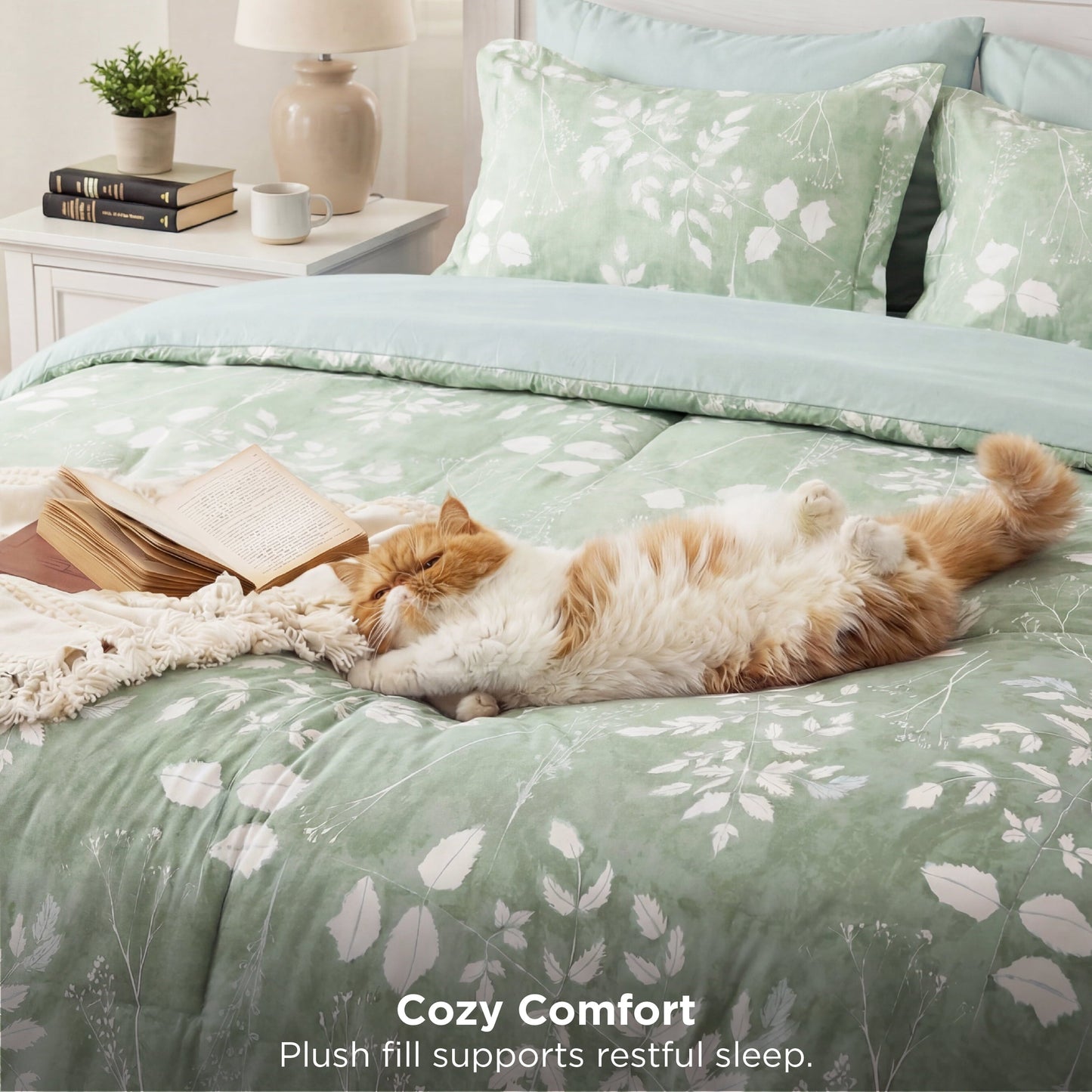 Luxurious Quilted Queen Comforter Set Sage Green, Bed in a Bag Queen Size Bedding, 7-Pieces Botanical Flowers Spring Comforter, Sheets,... - Luxurious Quilted Duvet Cover Set Detail