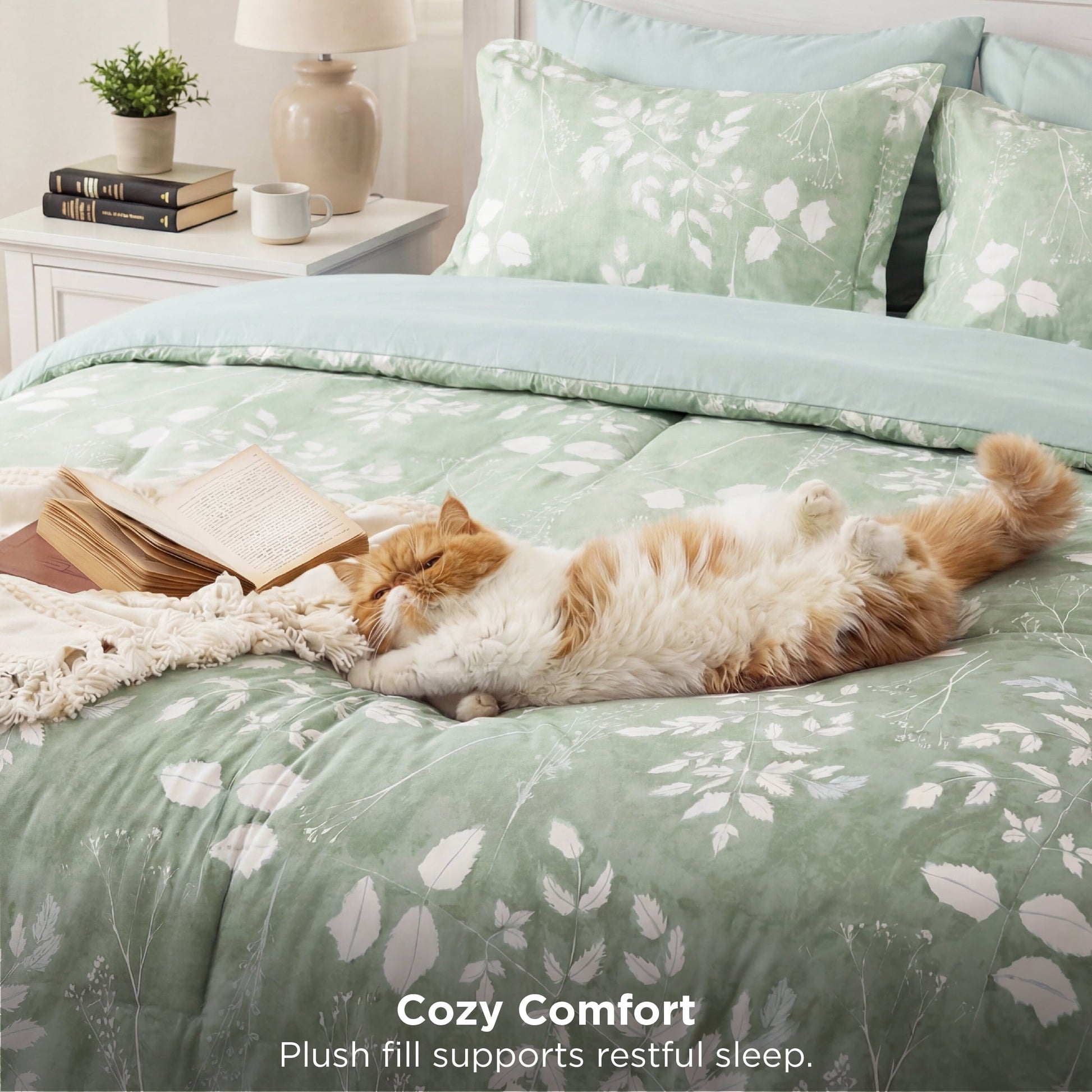 Luxurious Quilted Queen Comforter Set Sage Green, Bed in a Bag Queen Size Bedding, 7-Pieces Botanical Flowers Spring Comforter, Sheets,... - Luxurious Quilted Duvet Cover Set Detail
