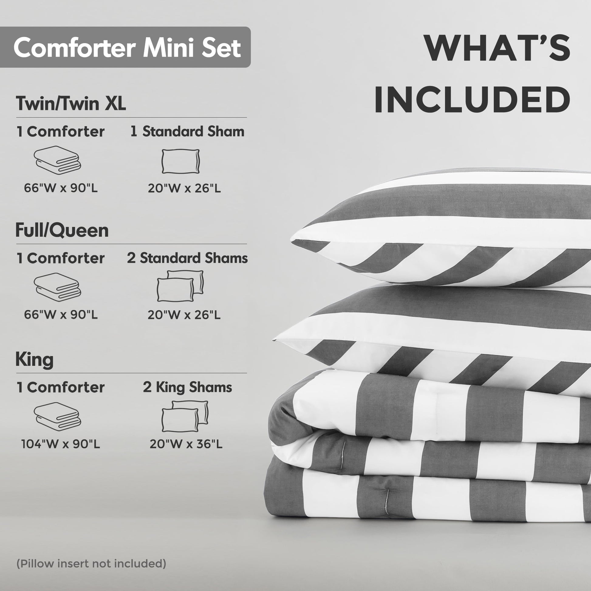 All-Season Full/Queen Size Comforter Sets, 3-Piece Bedding Set Full/Queen, Reversible Striped Comforter Bed Set, Charcoal - Cloud-Like Soft Lightweight Bed Comforter Detail