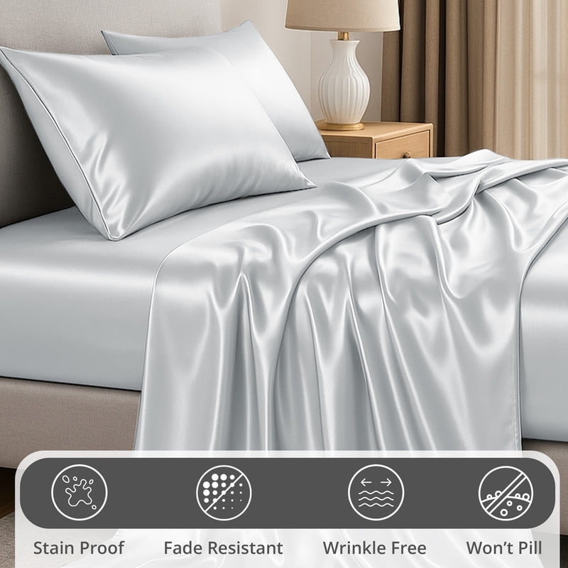 Ultra-Soft Lux Decor Luxury Satin Sheets King Size - 4 Piece Cooling Bed Sheet Set, Silky Soft & Smooth, Deep Pockets up to 15",... - Premium Ultra-Soft Pillowcase Pair for Sleeping Detail