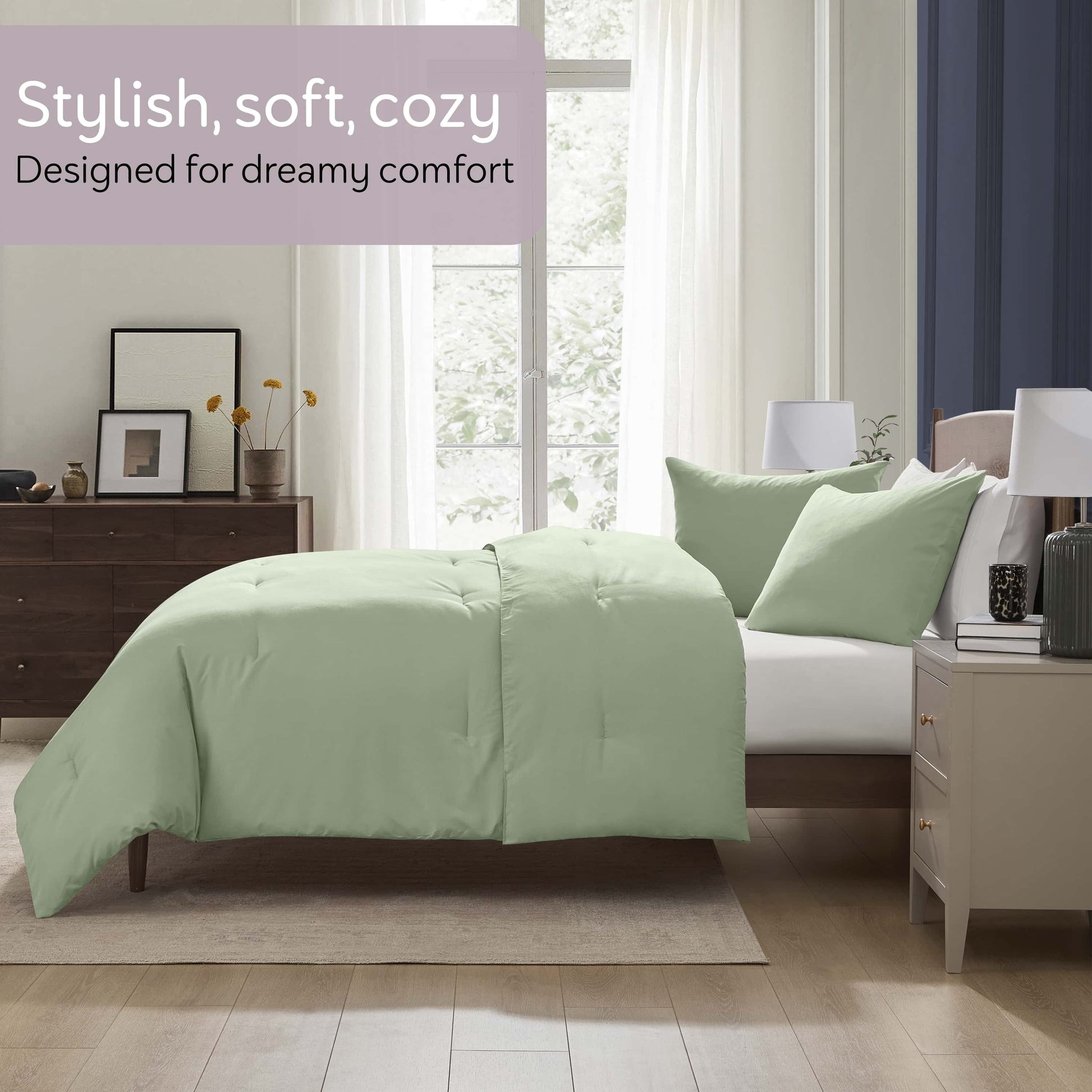 All-Season Comforter Sets, All Season Lightweight Solid Queen Comforter Set, 3-Pc Bedding Sets, Sage Green - All-Season Down Alternative Comforter Insert Detail