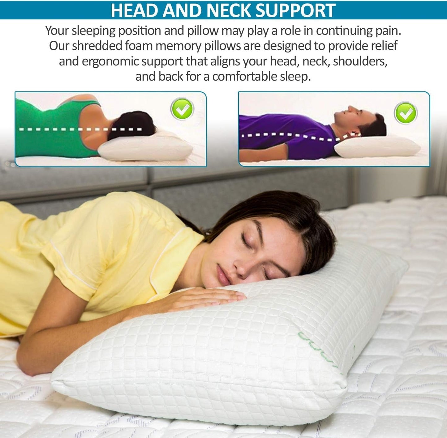Fluffy Shredded Queen Size Bamboo Pillow, Memory Foam Bed Pillows with Washable Pillowcases, Queen - Ergonomic Memory Foam Pillow for Neck Pain Support Detail