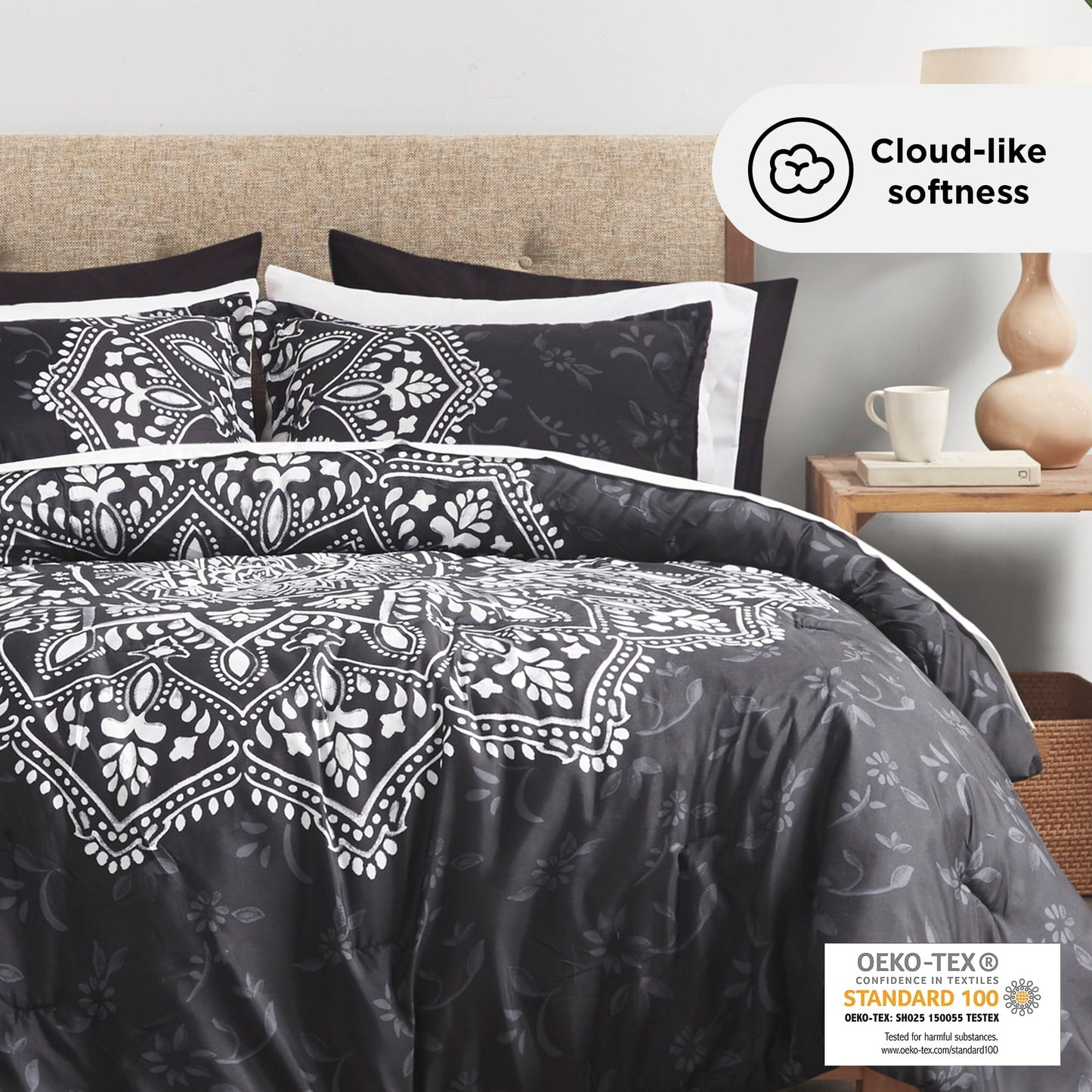 Luxurious Quilted Queen Comforter Set, Bedding Comforter Set Queen Size W/ Side Pockets, Black, 9 Pieces - Cloud-Like Soft Lightweight Bed Comforter Detail
