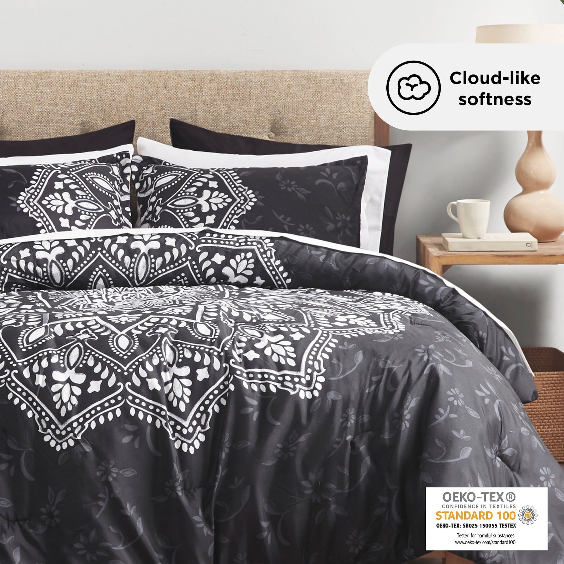 Luxurious Quilted Queen Comforter Set, Bedding Comforter Set Queen Size W/ Side Pockets, Black, 9 Pieces - Cloud-Like Soft Lightweight Bed Comforter Detail
