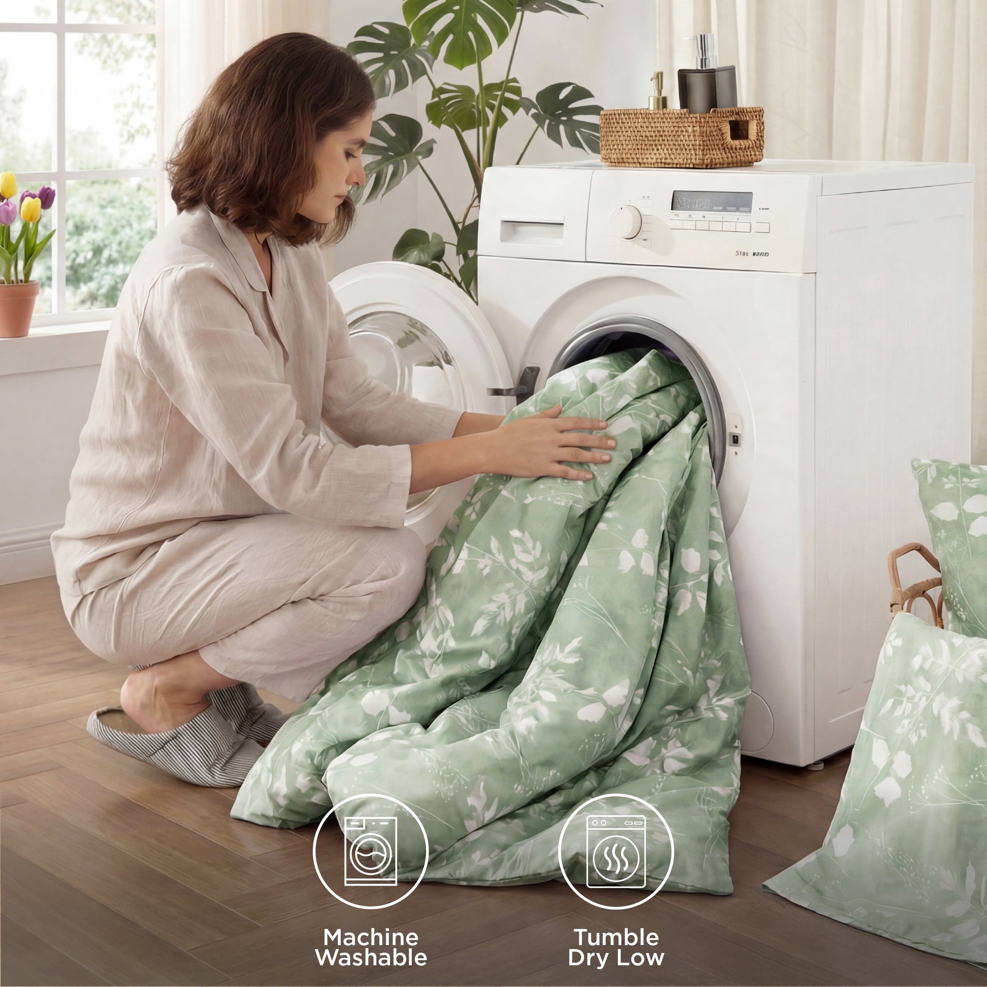 Luxurious Quilted Queen Comforter Set Sage Green, Bed in a Bag Queen Size Bedding, 7-Pieces Botanical Flowers Spring Comforter, Sheets,... - Luxurious Quilted Duvet Cover Set Detail