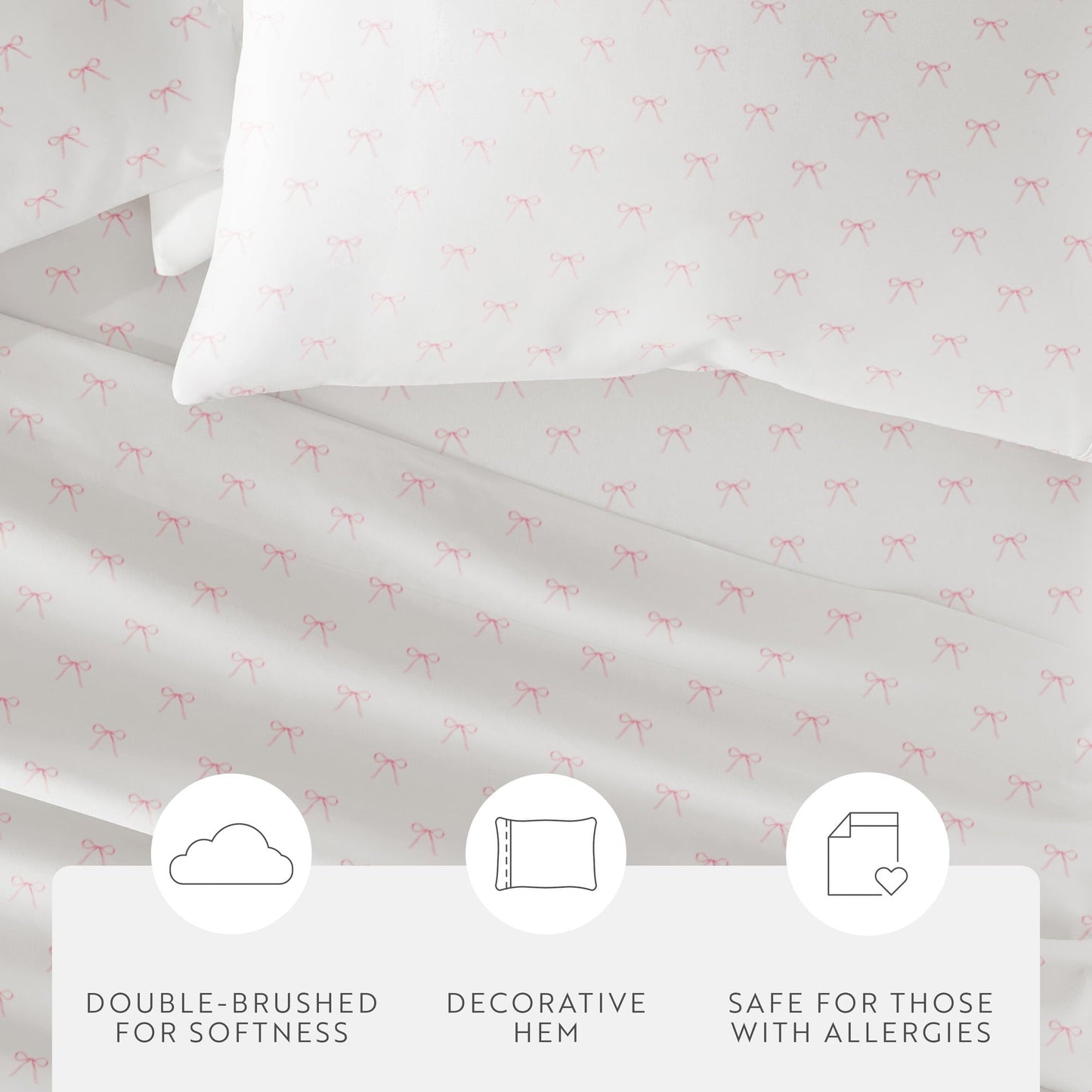 Wrinkle-Resistant 3 Piece Ditsy Pattern Microfiber Bed Sheets, Pink Bows, Twin-XL - Breathable Egyptian Cotton Flat & Fitted Sheets Detail