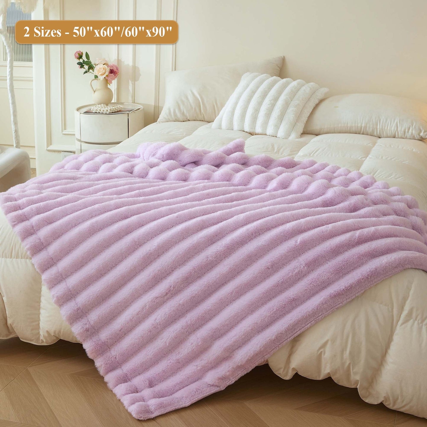 Decorative Knitted Fluffy Faux Rabbit Fur Throw, Cozy Wide Stripe Plush Fuzzy Blanket for Bed Couch Sofa Chair, Light Purple Shaggy Thro... - Luxury Knitted Decorative Throw Blanket with Fringes Detail