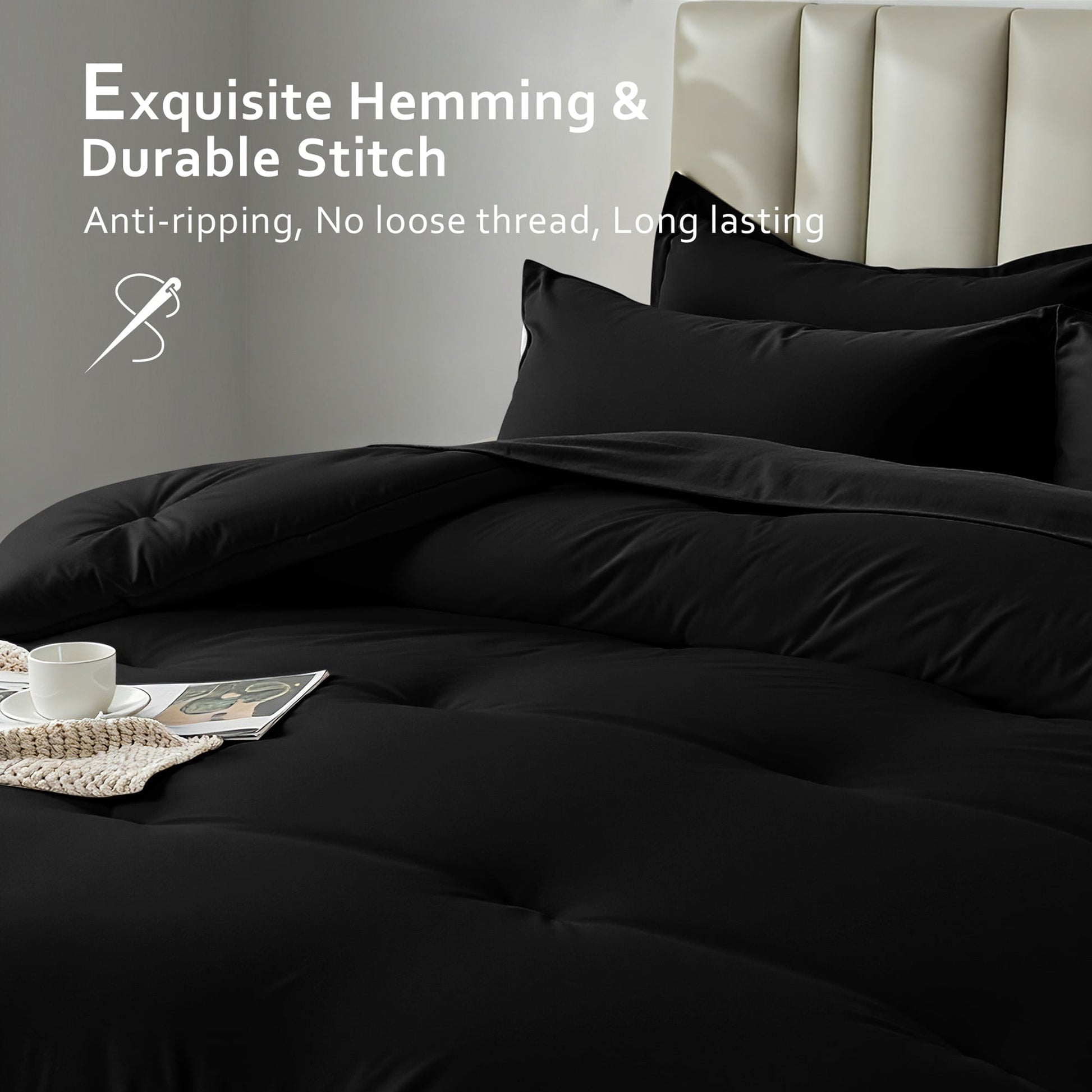 Hypoallergenic Cloud 5-Piece Bed in Bag - Twin Size Comforter Sets, Pillowcases & Sheet Collection for Cozy Bedding Sets Black - All-Season Down Alternative Comforter Insert Detail
