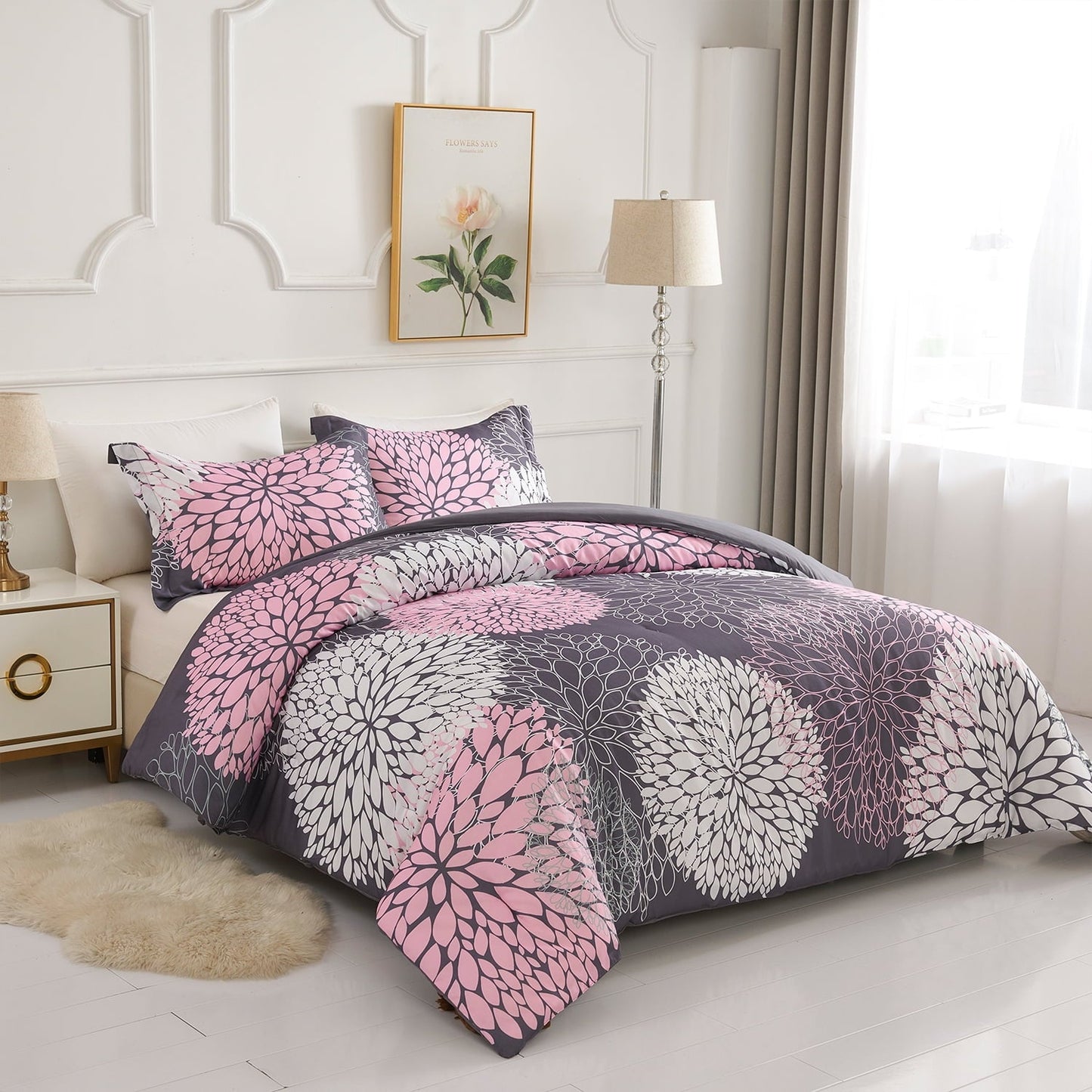 Heavyweight Warmth 2 Pieces Pink Floral Comforter Set Twin Size, Botanical Bedding Sets with Cute Flowers Printing for Teen Girls - Hypoallergenic Ultra-Fluffy Quilt for Winter Detail