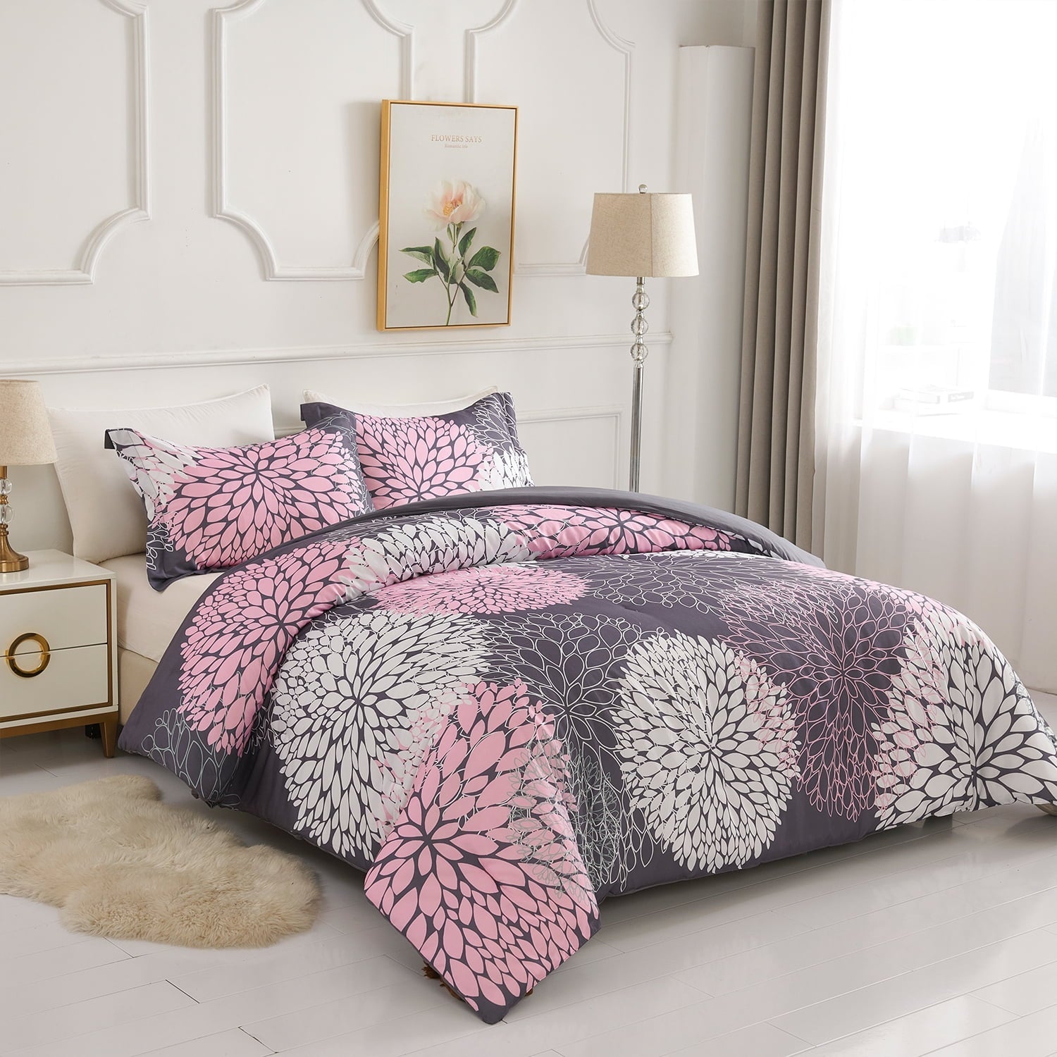 Heavyweight Warmth 2 Pieces Pink Floral Comforter Set Twin Size, Botanical Bedding Sets with Cute Flowers Printing for Teen Girls - Hypoallergenic Ultra-Fluffy Quilt for Winter Detail