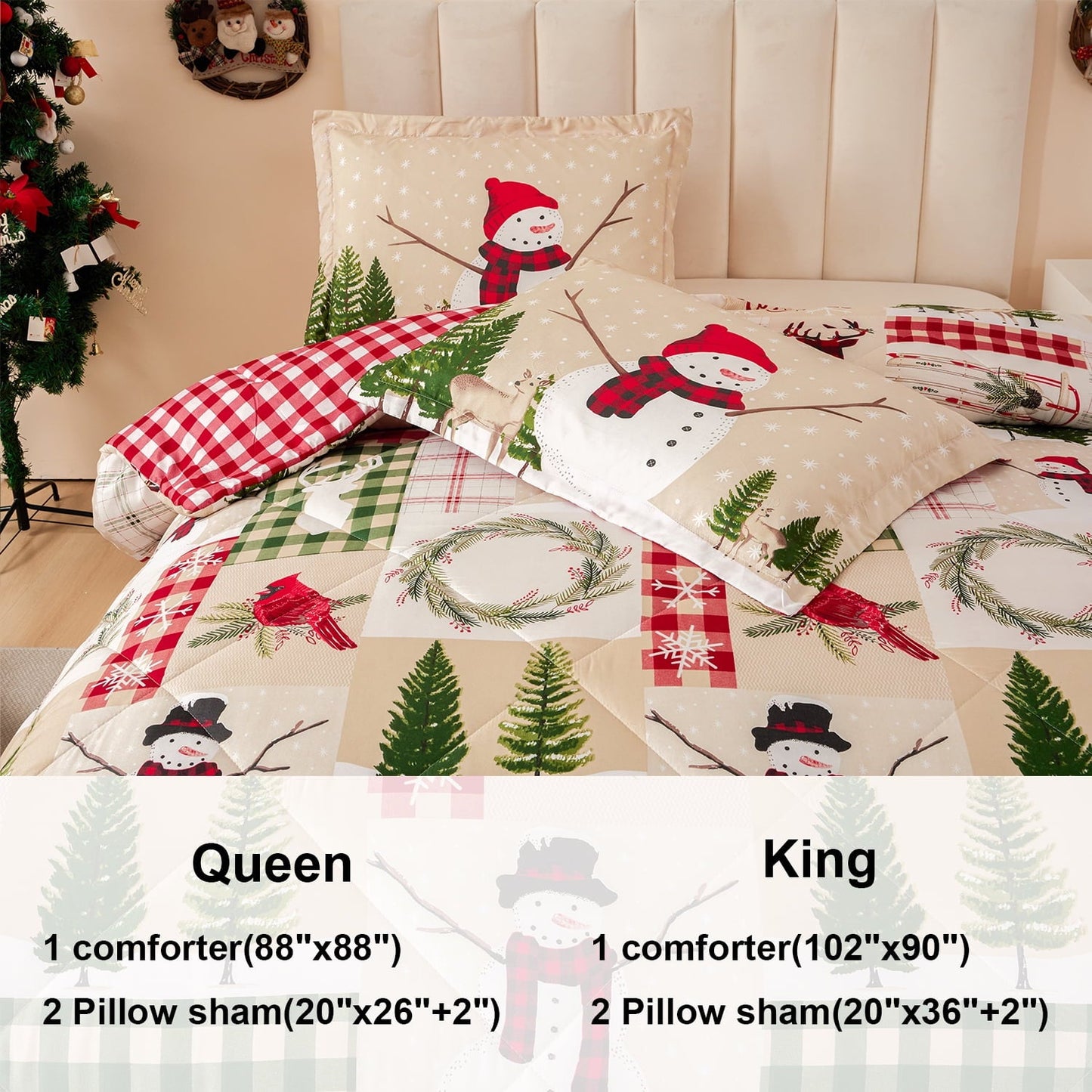 All-Season 3 Pcs Christmas Comforter Set, Bed in a Bag Wreath Snowman Queen/Full Size Xmas Bedding Set Fitted Pillowcases for Adult - Cloud-Like Soft Lightweight Bed Comforter Detail