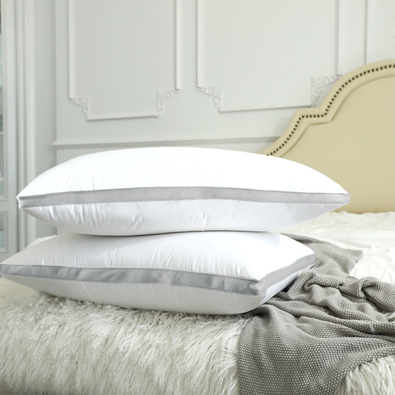 Decorative Plump Down Alternative Bed Pillow with Cotton Cover and Gusset, 2 Pack, Queen, 20"x26" - Decorative Throw Pillow Cushion for Sofa & Bed Detail