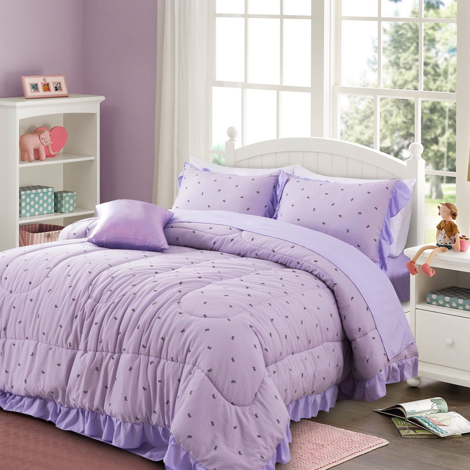 Hypoallergenic Cloud 6 Piece Delicate Bows Purple Bedding Set Ruffle Princess Style Comforter Set Bed in a Bag - Luxurious Quilted Duvet Cover Set Detail