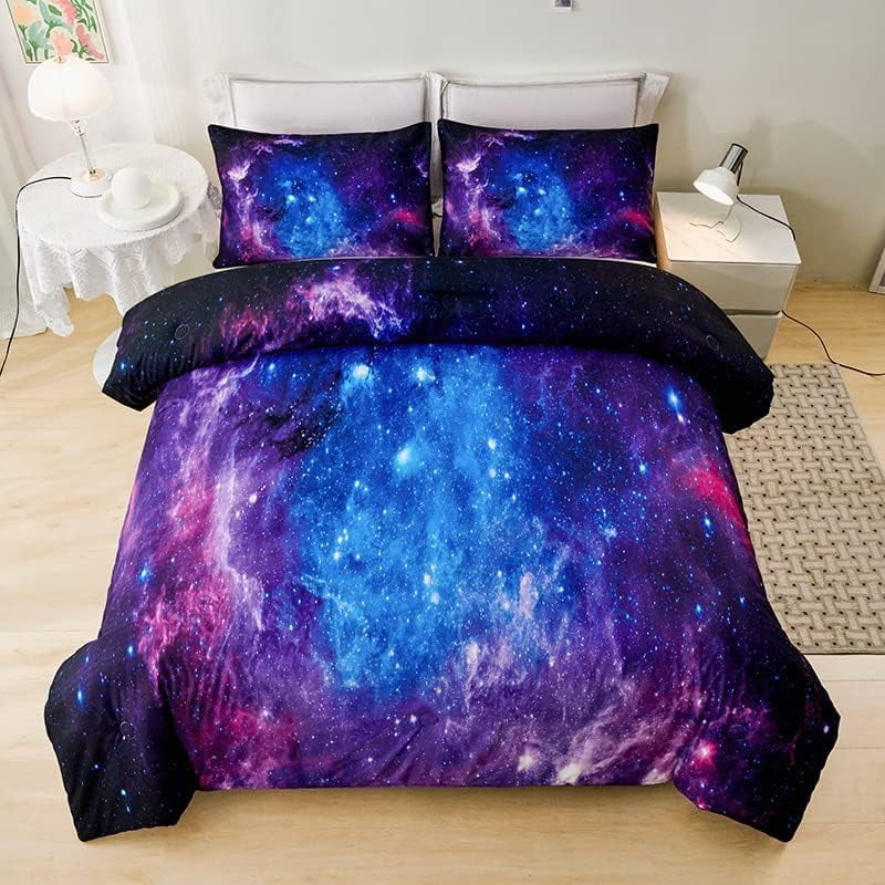 Hypoallergenic Cloud Galaxy Comforter Set Outer Space Purple Starry Sky Night Pattern Bedding Set for Girls Boys Kids Teens Twin Size with... - Luxurious Quilted Duvet Cover Set Detail