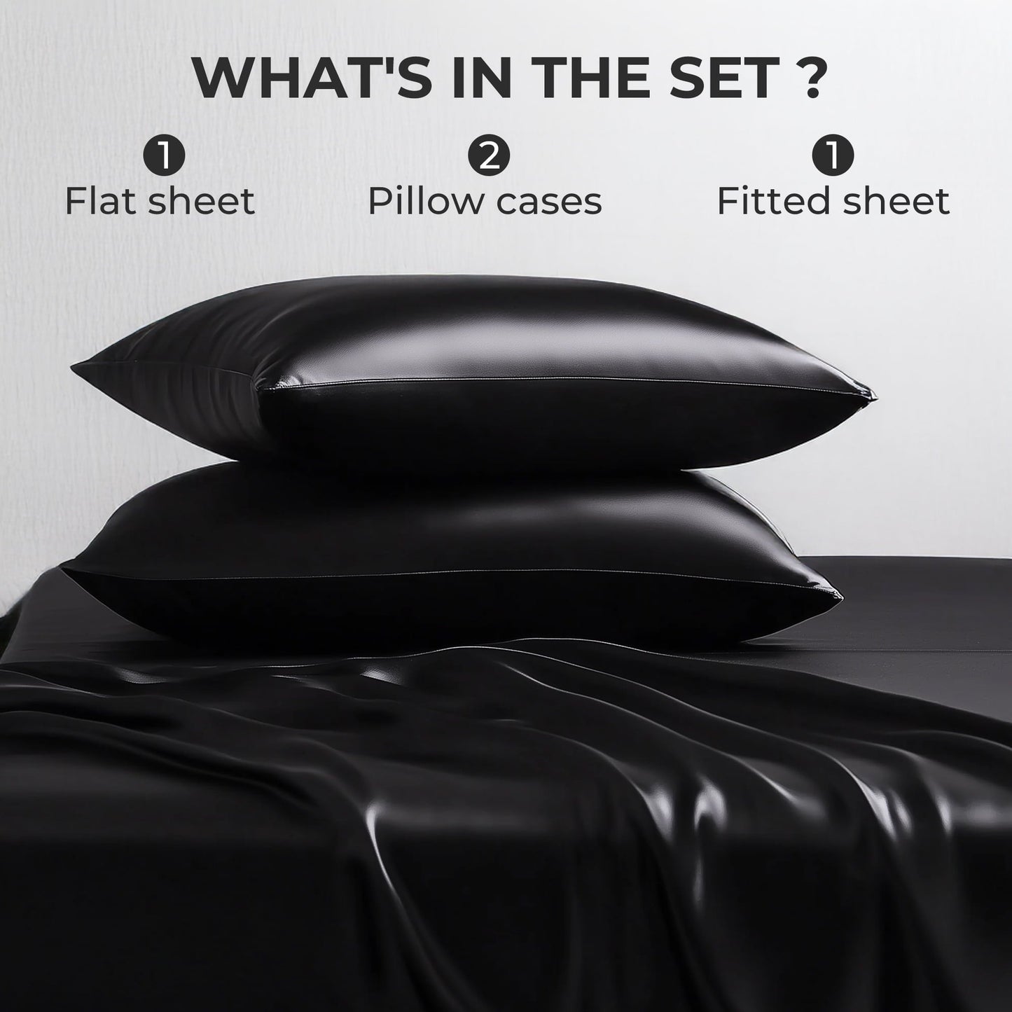 Cooling Sateen Queen Silk Black Bed Sheet Set,4 Pieces 1800 Microfiber 2 Pillowcase 20"x30" - Cooling Hotel Quality Bedding Sheets and Pillowcases Detail