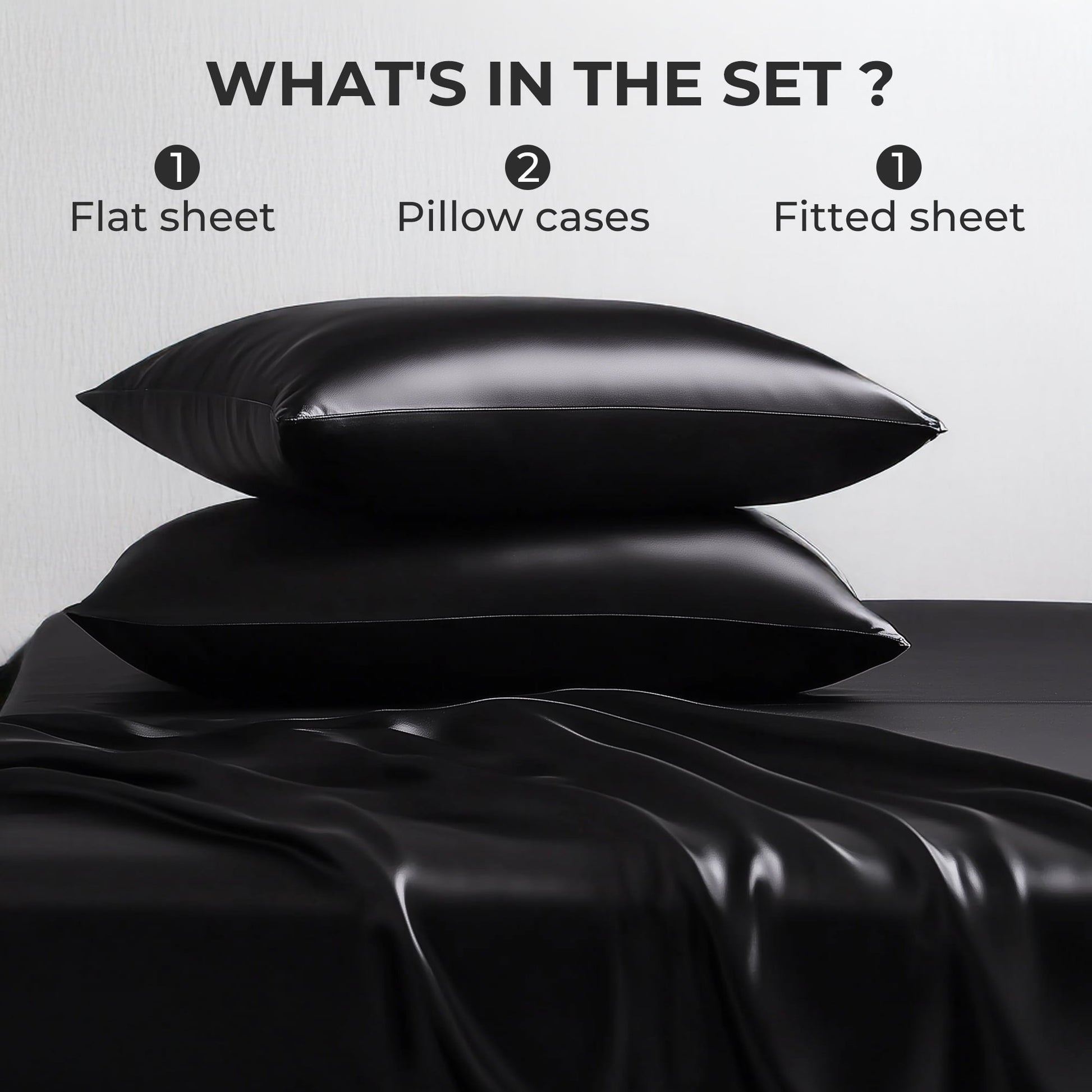 Cooling Sateen Queen Silk Black Bed Sheet Set,4 Pieces 1800 Microfiber 2 Pillowcase 20"x30" - Cooling Hotel Quality Bedding Sheets and Pillowcases Detail