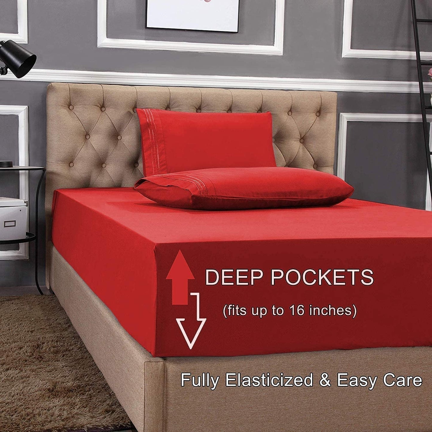 Premium Egyptian Cotton 1800 Series Microfiber Bed Sheets 6-Piece Set, Deep Pocket, Queen Black - Breathable Egyptian Cotton Flat & Fitted Sheets Detail
