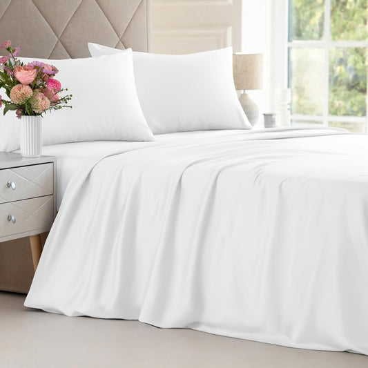 Premium Egyptian Cotton 4-Piece Luxury Bamboo Cooling Sheet Set - Queen Size 100% Bamboo Derived Rayon Premium Bed Sheets, White - Luxury Bed Sheet Set with Deep Pockets - Default Title