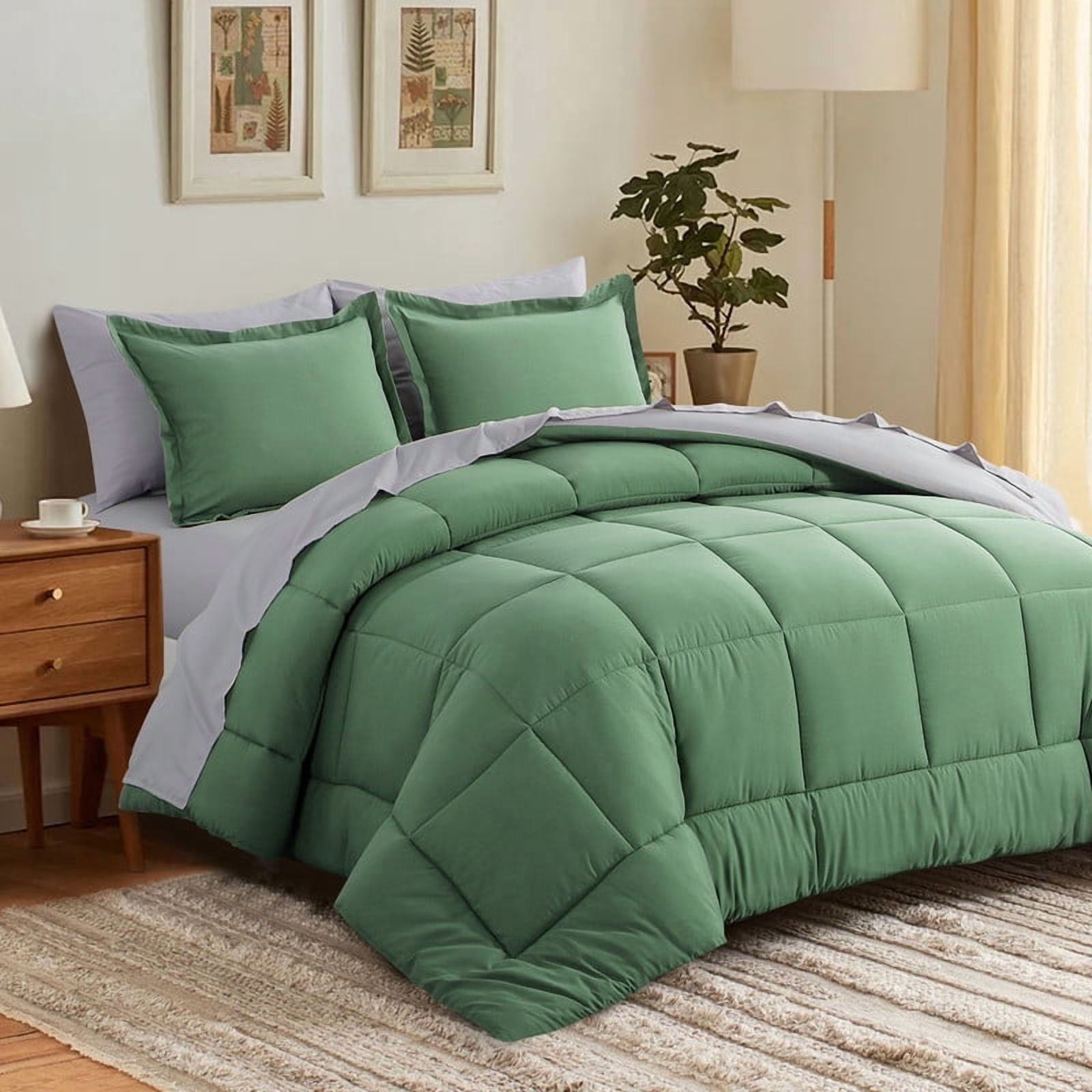 All-Season Grass Green/Grey Queen Size Comforter Set,3-Pieces Reversible Comforter Set Soft and Lightweight,All Season Down Alte... - Luxurious Quilted Duvet Cover Set Detail