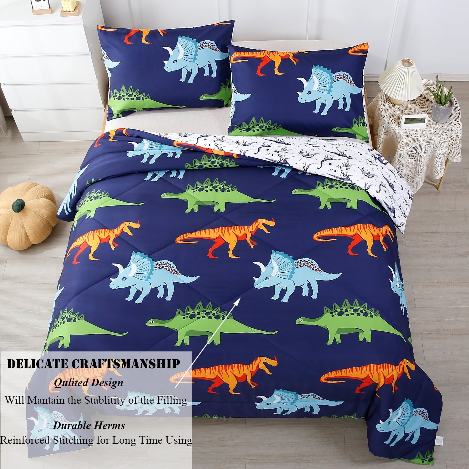 Hypoallergenic Cloud 3 Pcs Dinosaur Twin Size Bedding Sets for Boys, Dinosaur Printing Boys Comforter Set, Blue and White Reversible Bed C... - Hypoallergenic Ultra-Fluffy Quilt for Winter Detail