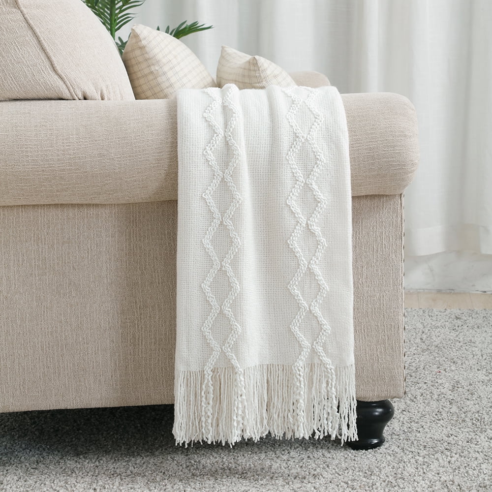 Decorative Knitted Fluffy Chenille Knitted Fringe Throw Blanket, Lightweight Soft Cozy Bed Sofa Chair Blanket, White, 50" x 60" - Lightweight Plush Warm Blanket for All Seasons Detail