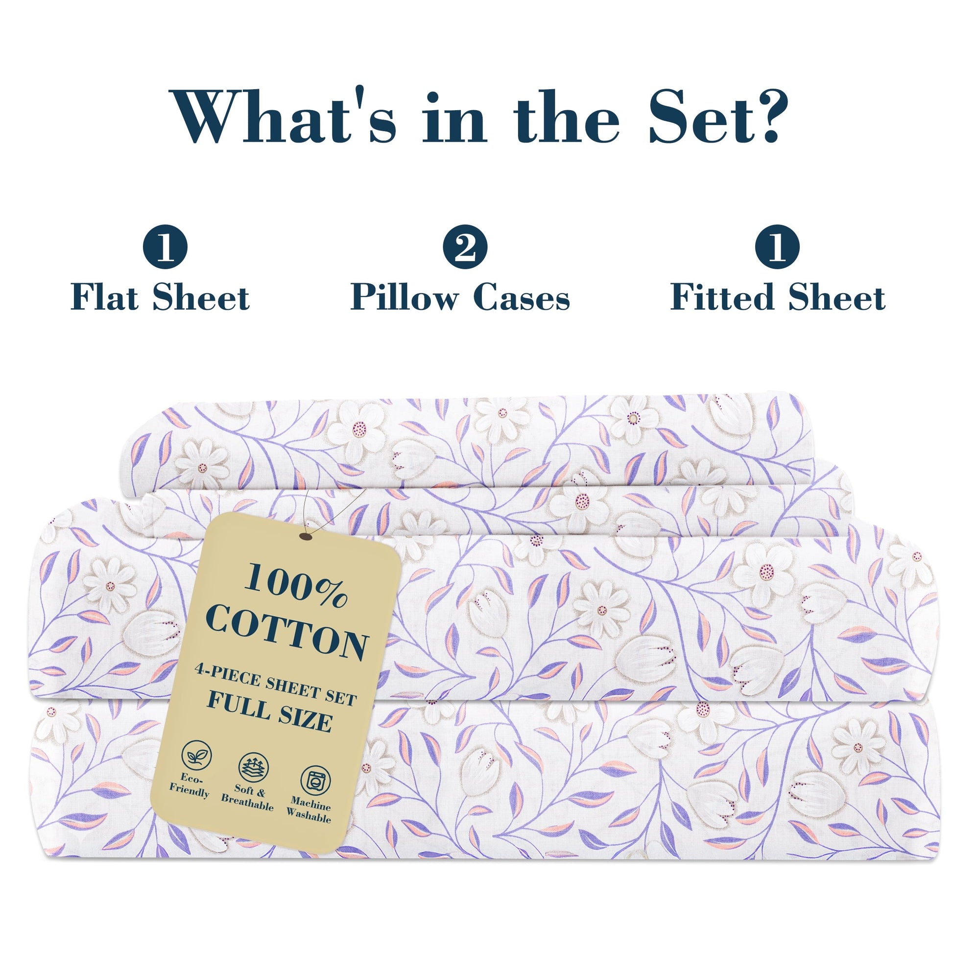 Ultra-Soft 100% Cotton Full Size Sheets,4 Piece Pure Percale Bed Sheets Set Deep Pocket Fits Mattress Upto 15",floral vine pattern - Luxury Bed Sheet Set with Deep Pockets Detail