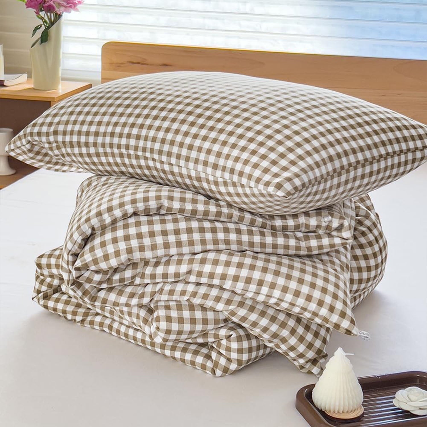 Heavyweight Warmth Tan Gingham Queen Comforter Set, Taupe Plaid Bedding Set, Checked Bed Comforter 3 Pieces(Tan Gingham, Queen) - Hypoallergenic Ultra-Fluffy Quilt for Winter Detail