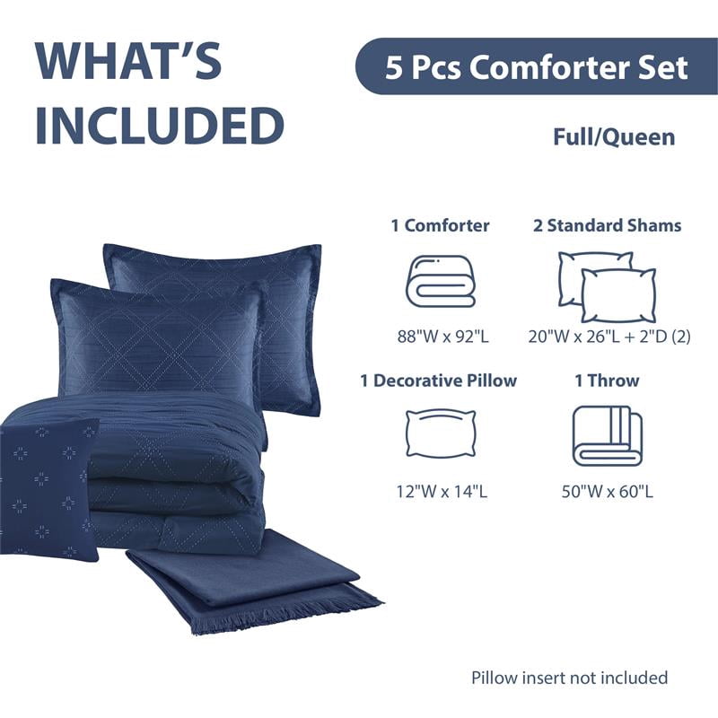 Hypoallergenic Cloud 5-Piece Reversible Comforter Set Navy Cross Stitch Bedding with Decor Pillow and Throw, Full/Queen - Hypoallergenic Ultra-Fluffy Quilt for Winter Detail