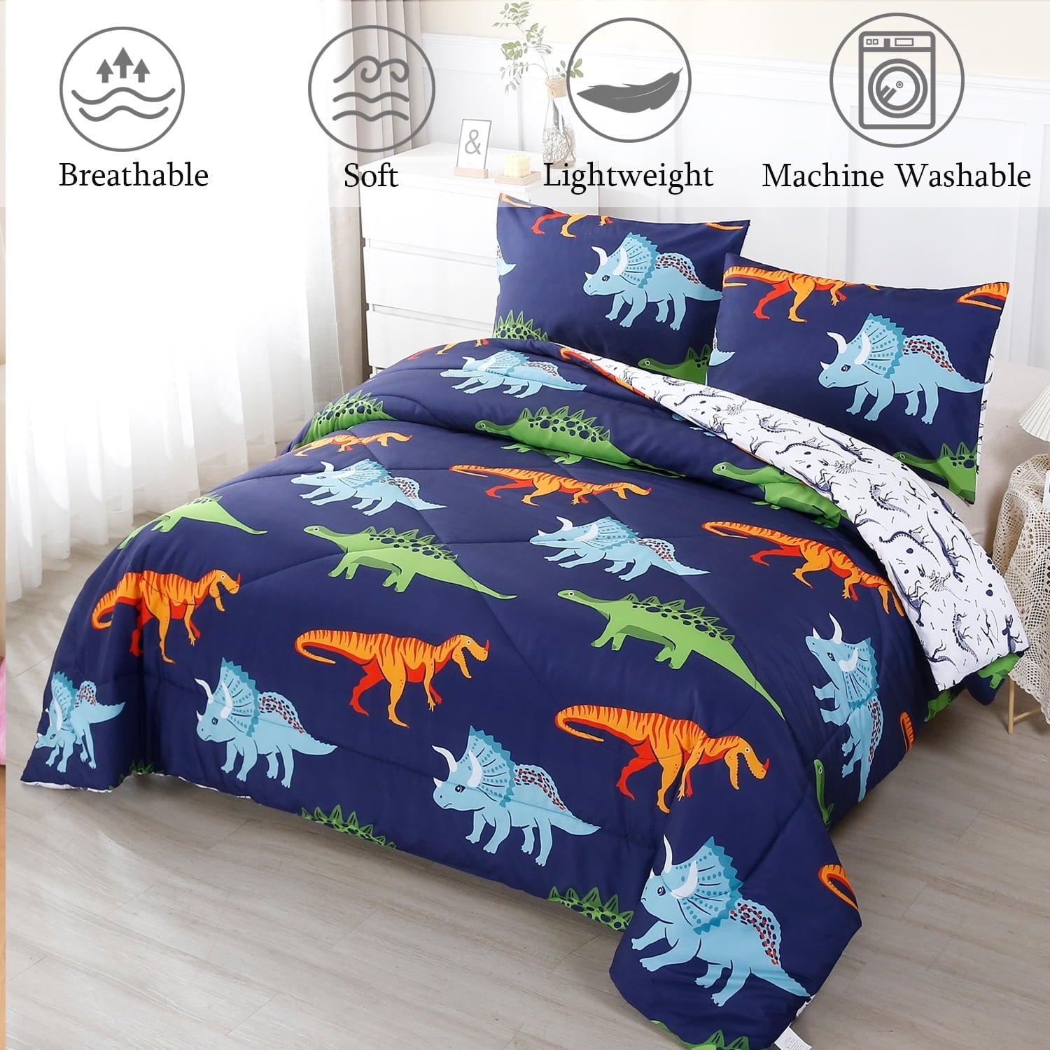 Hypoallergenic Cloud 3 Pcs Dinosaur Twin Size Bedding Sets for Boys, Dinosaur Printing Boys Comforter Set, Blue and White Reversible Bed C... - Hypoallergenic Ultra-Fluffy Quilt for Winter Detail