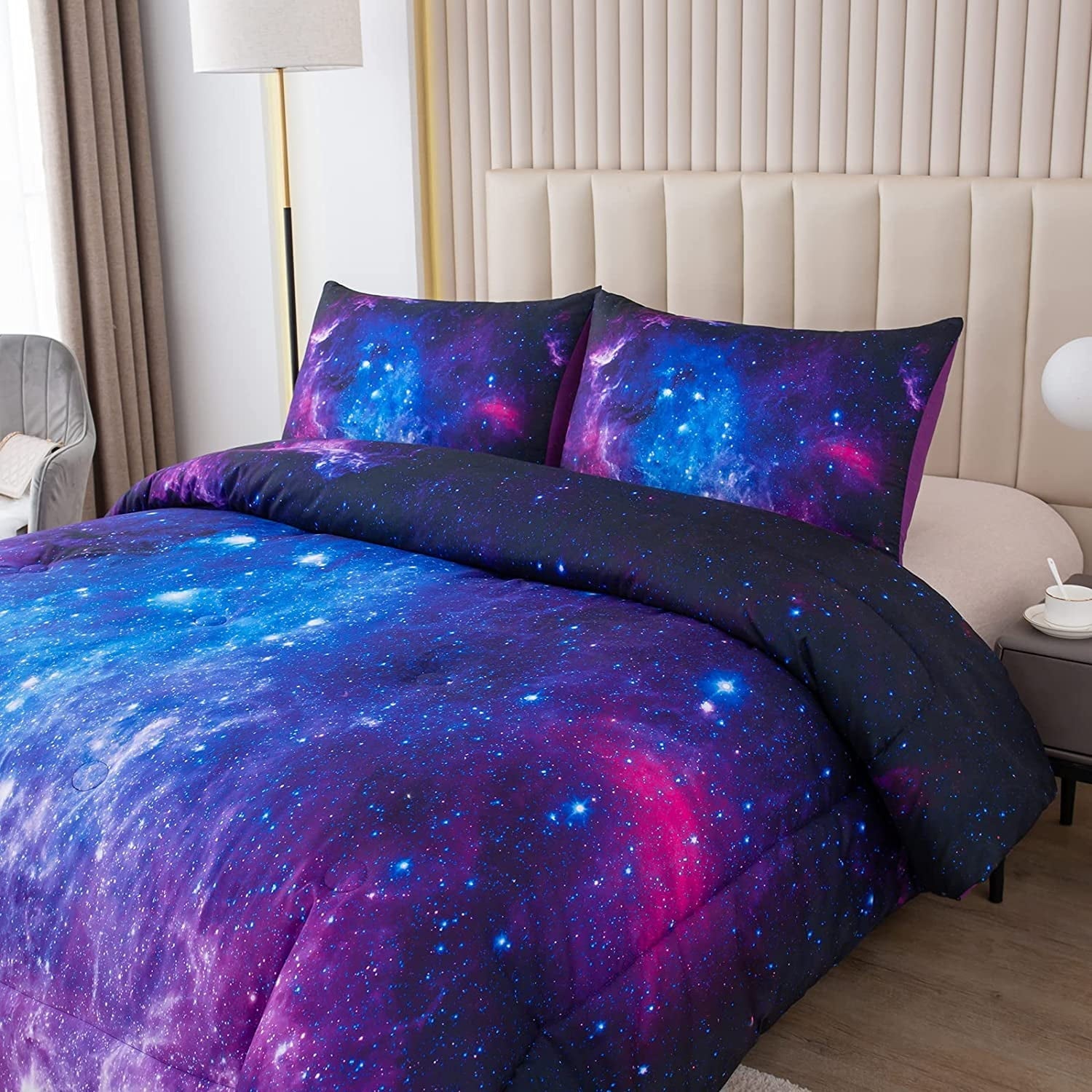 Hypoallergenic Cloud Galaxy Comforter Set Outer Space Purple Starry Sky Night Pattern Bedding Set for Girls Boys Kids Teens Twin Size with... - Luxurious Quilted Duvet Cover Set Detail