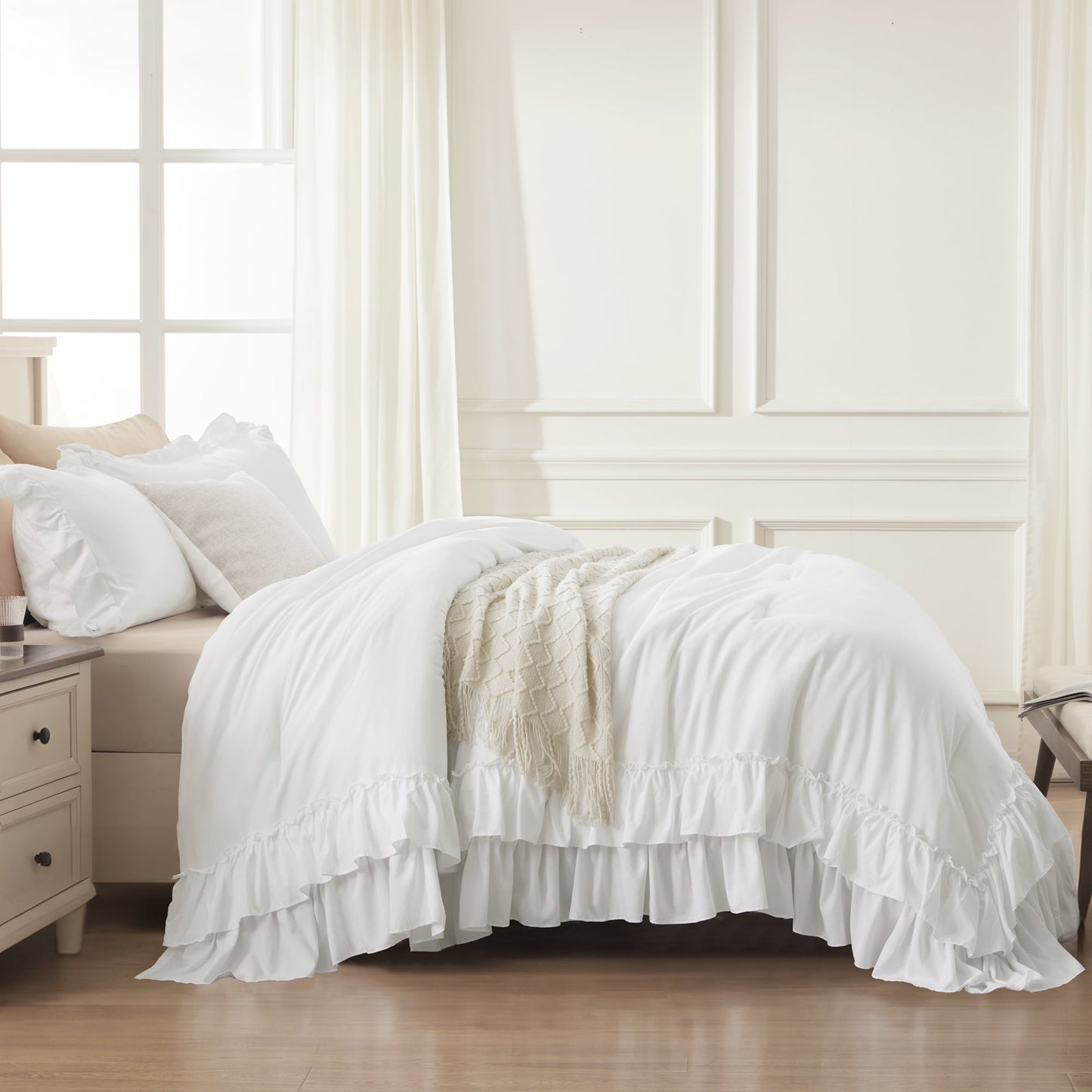 Fluffy Down Alternative Queen Comforter Set White - 3 Pieces Soft Fluffy Ruffle Bedding Comforter Sets for Queen Bed, All Season Farmhouse Li... - Cloud-Like Soft Lightweight Bed Comforter Detail