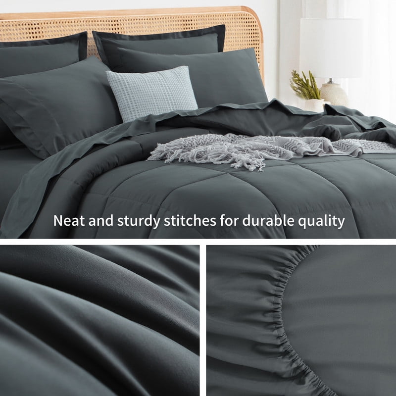 Luxurious Quilted 7 Pieces Comforter Set with Sheets - Bed in a Bag with Comforter and All Season Sheets, Pillowcases,Dark Gray,Queen - All-Season Down Alternative Comforter Insert Detail