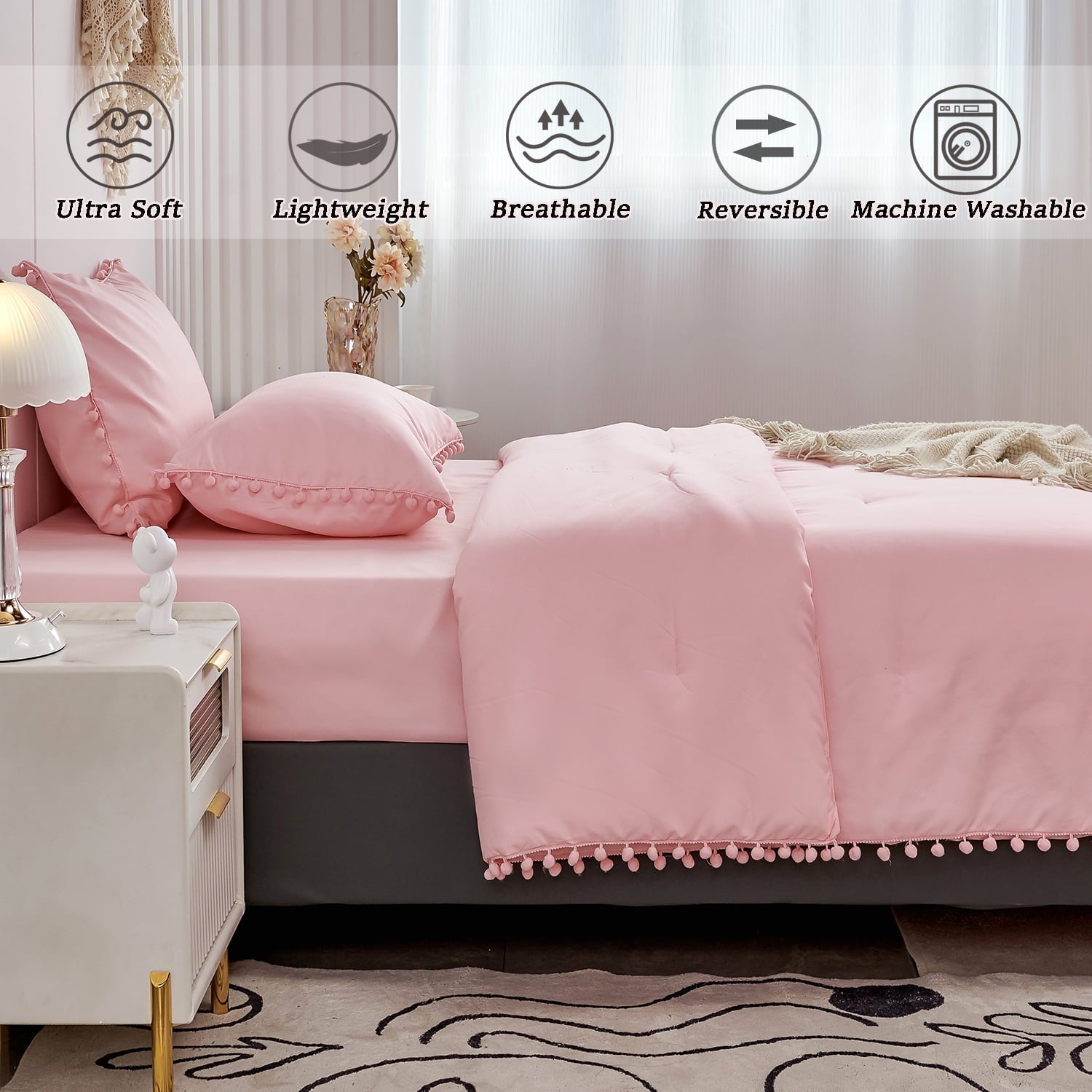 All-Season Pink Full Size Comforter Set Pom Fringe 3 Pcs Boho Chic Cute Ball Pom Blush Bedding Set Cali Soft Lightweight Solid B... - Cloud-Like Soft Lightweight Bed Comforter Detail