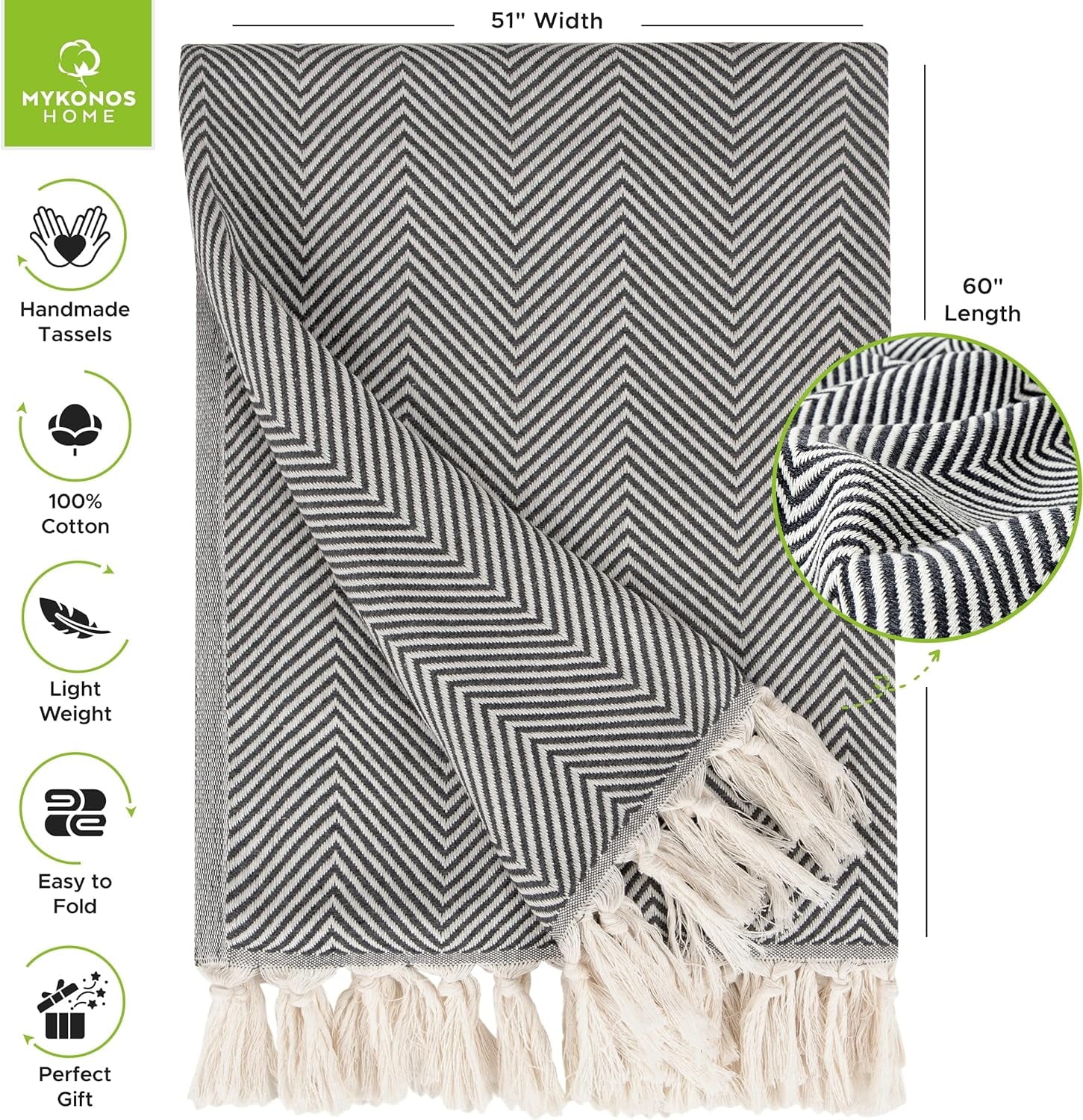 Super Soft Flannel Turkish Cotton Throw Blanket & Beach Towel, 60"x70" Boho Decorative Blanket for Couch, Bed, Sofa & Outdoor, Lightweig... - Cozy Fleece Throw Blanket for Couch & Bed Detail