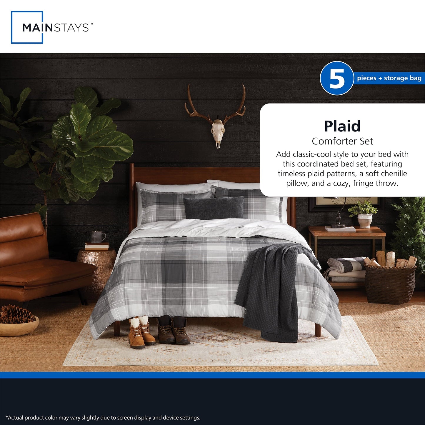 Heavyweight Warmth Full/Queen Comforter Set, All-Season, 5-Piece, Grey Plaid - Luxurious Quilted Duvet Cover Set Detail