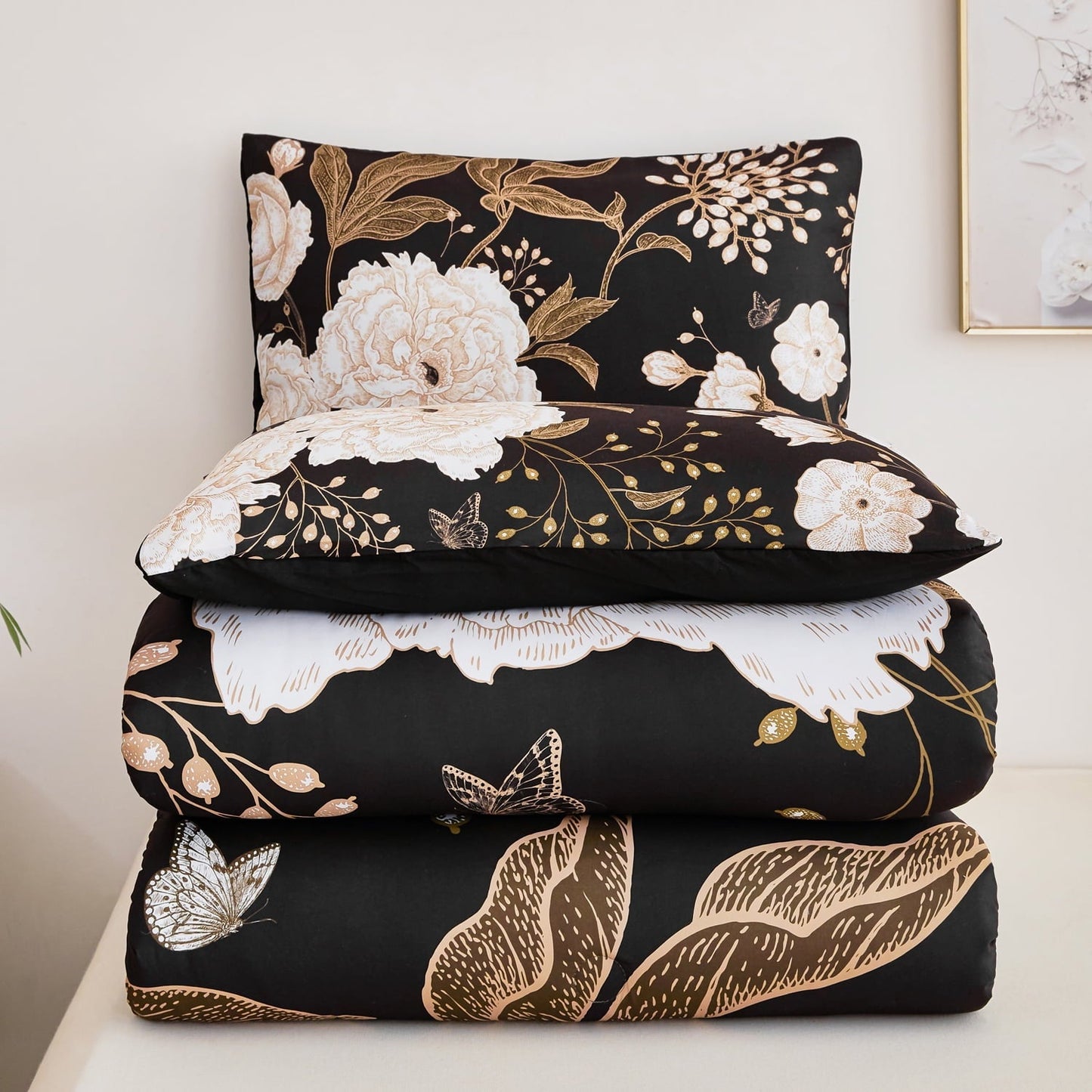 Luxurious Quilted Black Floral Comforter Set Queen, Printed Comforter White Flowers Butterfly Bedding Set, 3 Pieces Botanical Reversibl... - All-Season Down Alternative Comforter Insert Detail