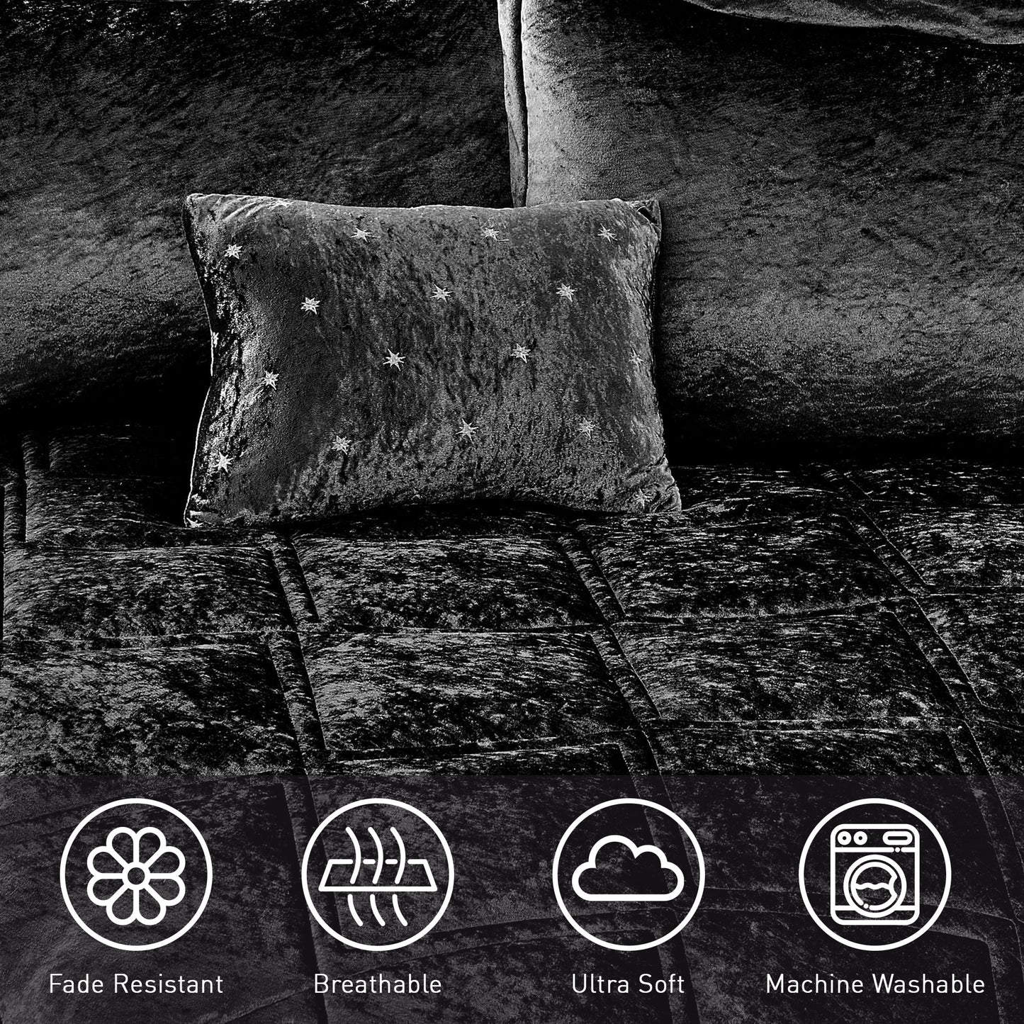 All-Season King/Cal King Size Comforter Sets, Velvet Bedding Comforter Set for All Seasons, Black Bedding Set with Decor Pillow - Luxurious Quilted Duvet Cover Set Detail