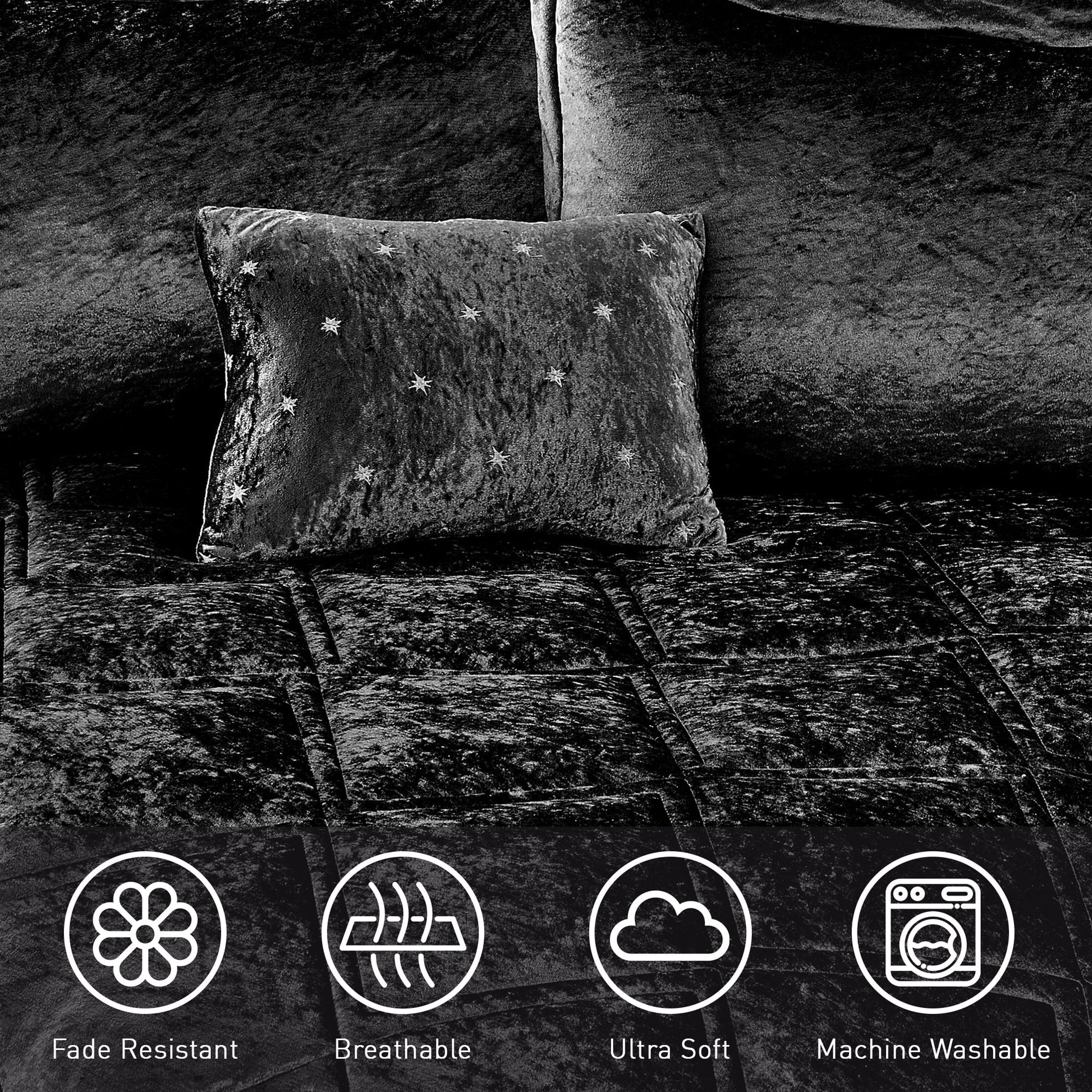 All-Season King/Cal King Size Comforter Sets, Velvet Bedding Comforter Set for All Seasons, Black Bedding Set with Decor Pillow - Luxurious Quilted Duvet Cover Set Detail