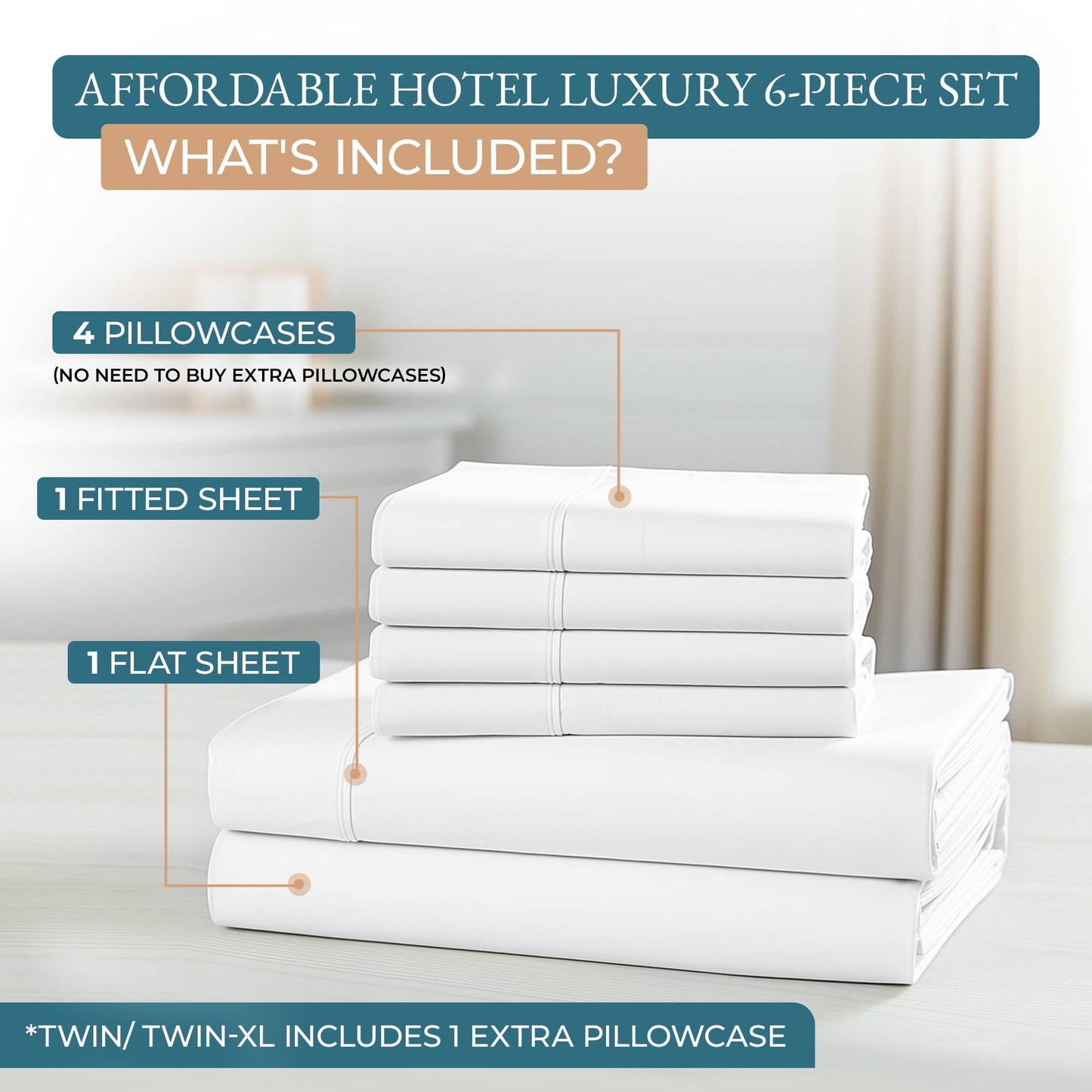 Wrinkle-Resistant Bed Sheets Set – 6 Piece, 600 Thread Count, 100% Cotton Sheets, Hotel Luxury Sateen Finish, 15" Deep Pocket, Easy to ... - Cooling Hotel Quality Bedding Sheets and Pillowcases Detail