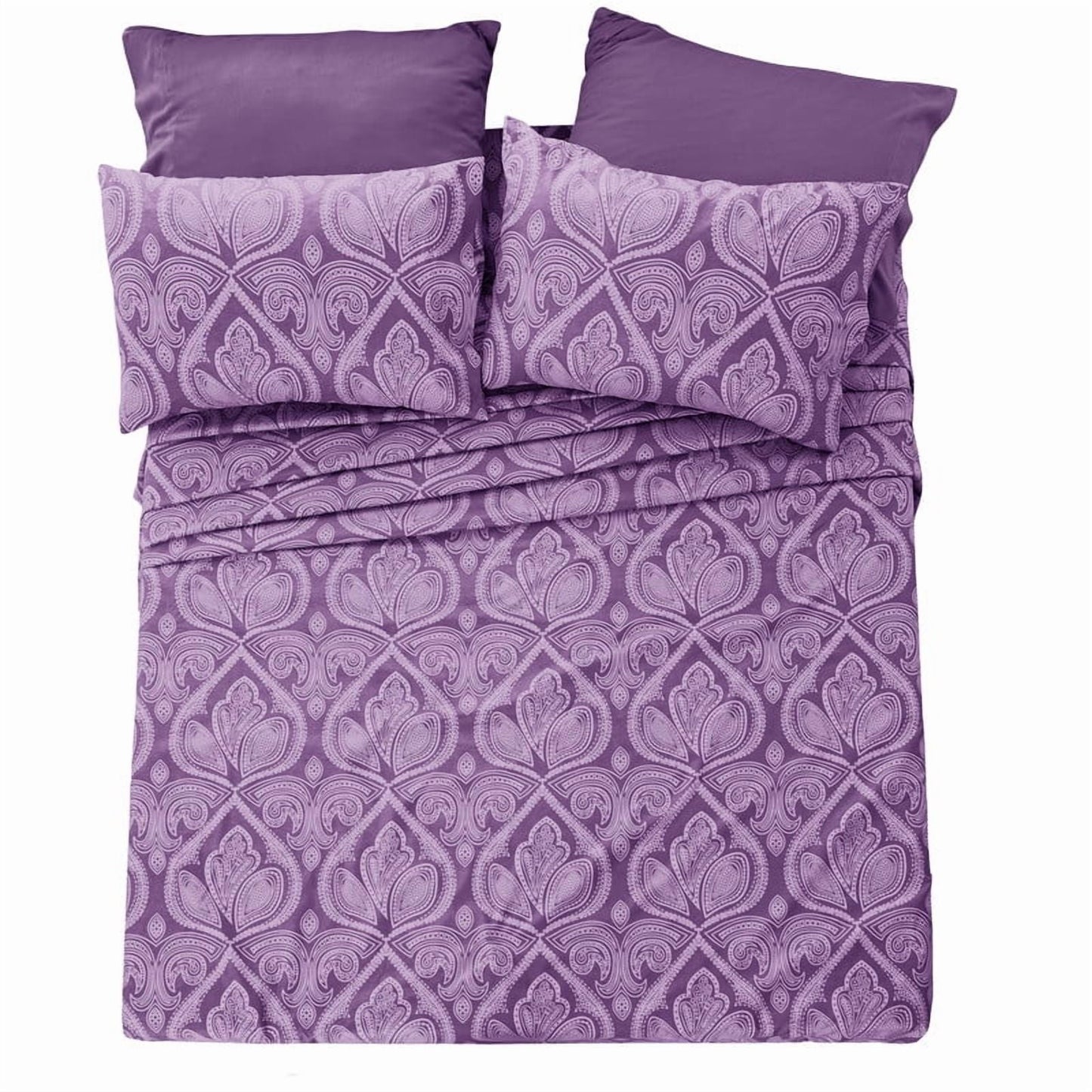 Premium Egyptian Cotton Paisley Printed Queen Bed Sheets Set, Microfiber 6 Piece Bedding Set - Purple - Premium Ultra-Soft Pillowcase Pair for Sleeping Detail