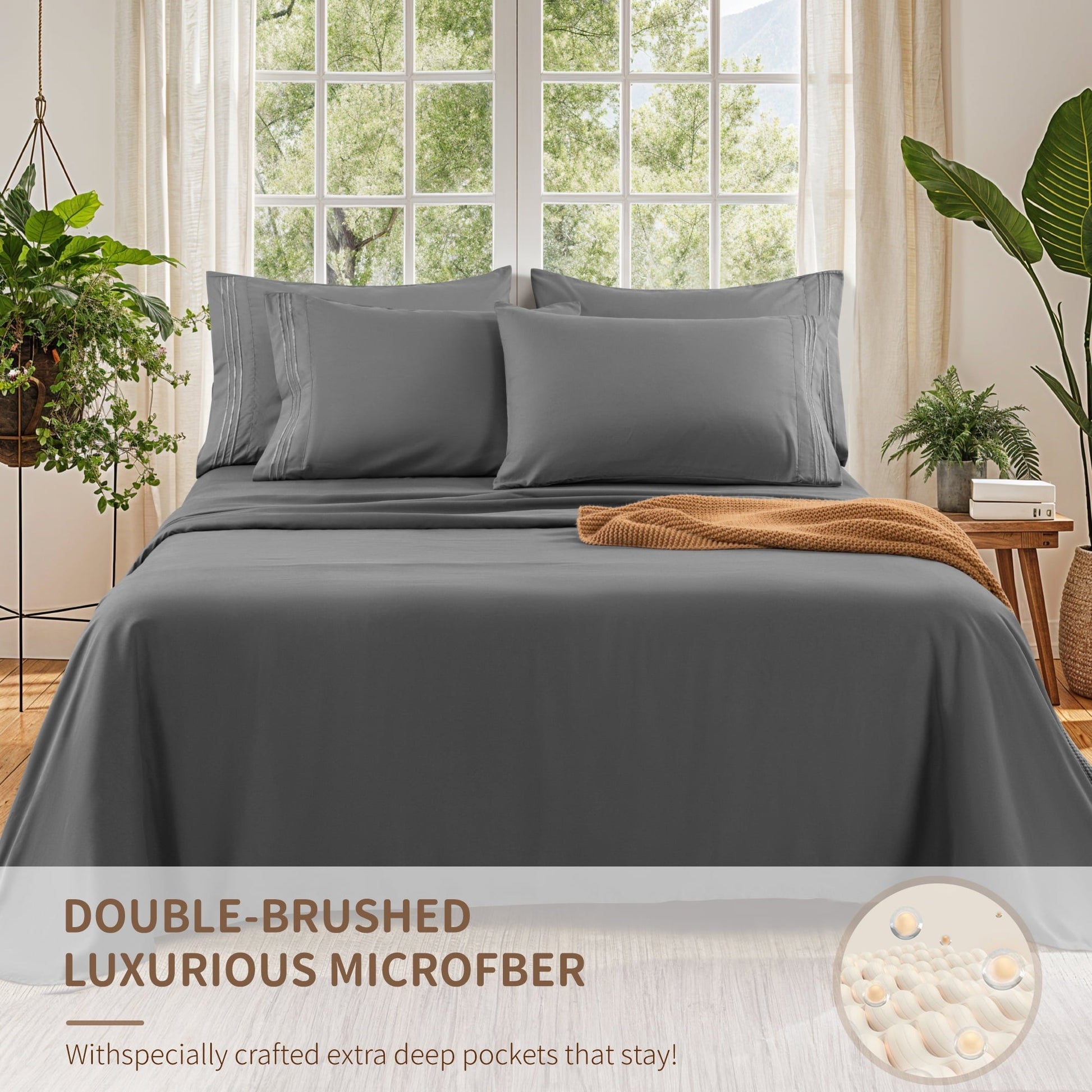 Wrinkle-Resistant 6 Pieces Bed Sheet Set, 1800 Series Soft Microfiber Queen Sheets with 16" Deep Pocket, Dark Gray - Cooling Hotel Quality Bedding Sheets and Pillowcases Detail